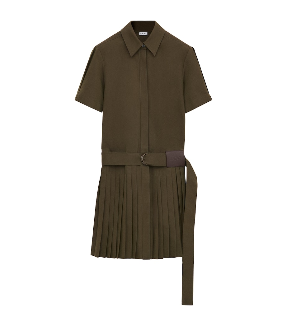 LOEWE Womens Belted Pleated Mini Dress Khaki Green Image 1