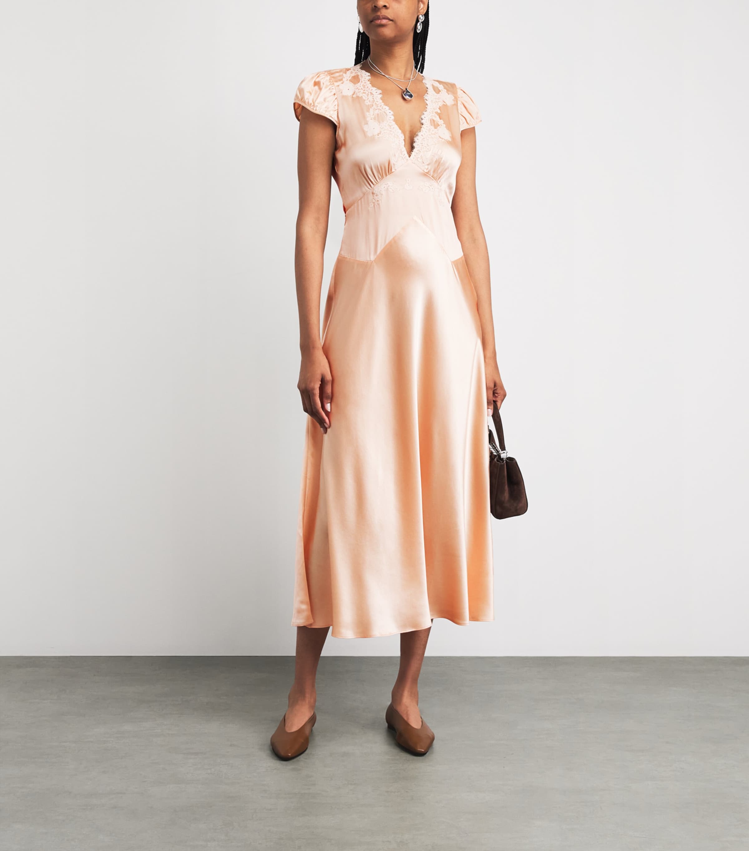 DÔEN Womens Silk-Lace Coraline Midi Dress Peach Sorbet Image 2