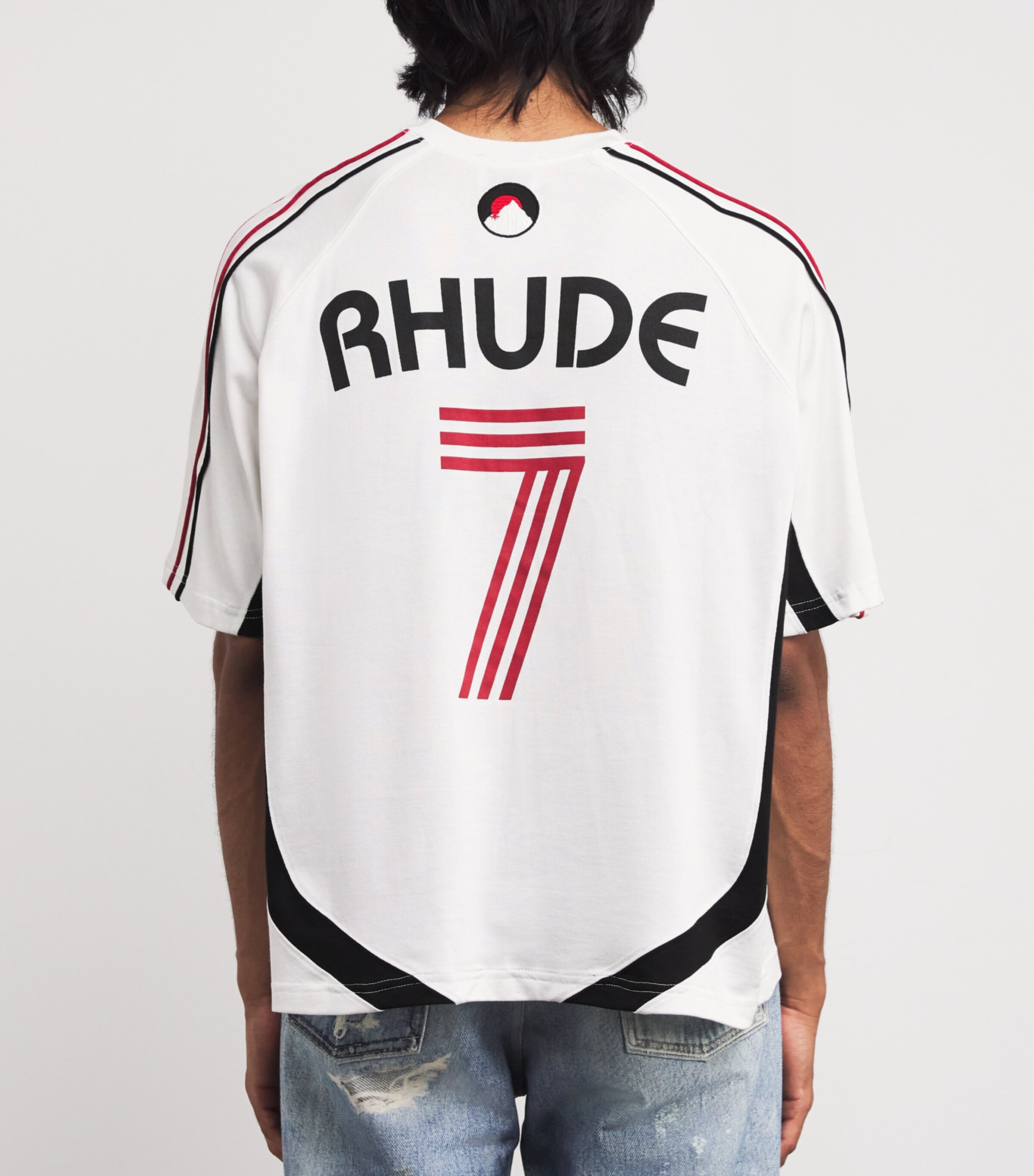 Rhude Mens Cotton-Blend Football Jersey T-Shirt White/black/red Image 4