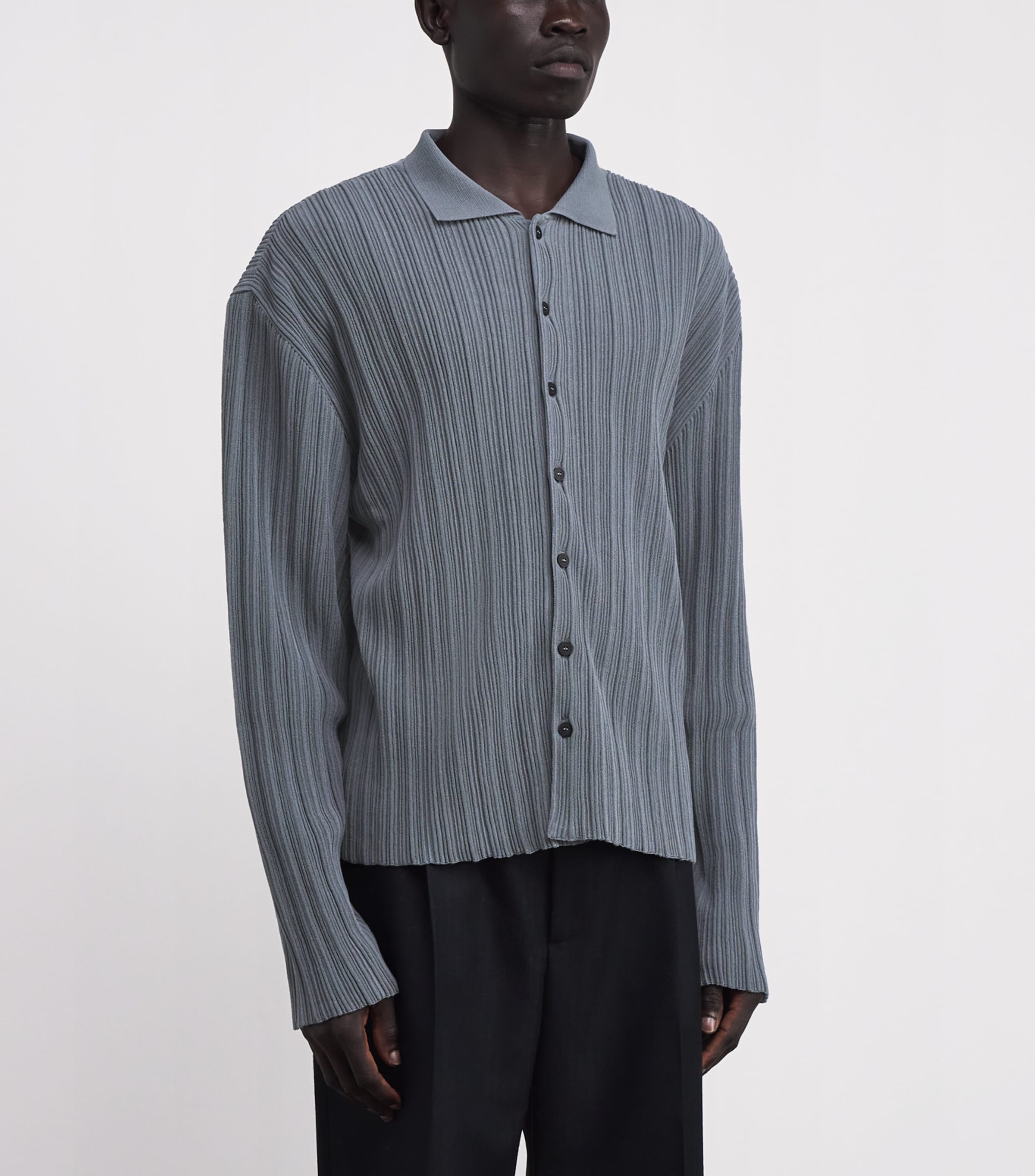 Cotton-Blend Ribbed Polo Cardigan ASH BLUE Image 3