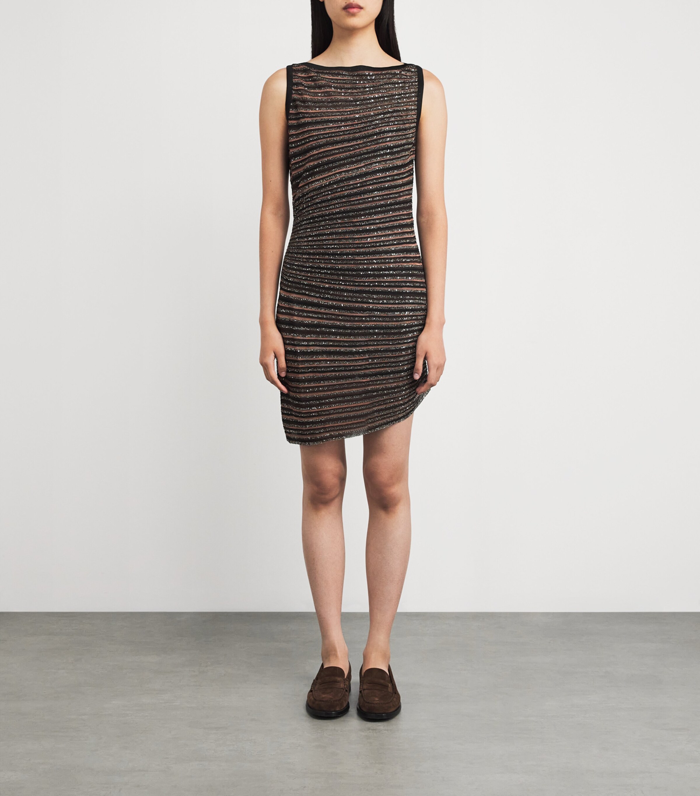 taylor swift brown dress eras tour Cow Print Boat Neck Sleeveless Drop Waist Denim Mini Dress main image 1