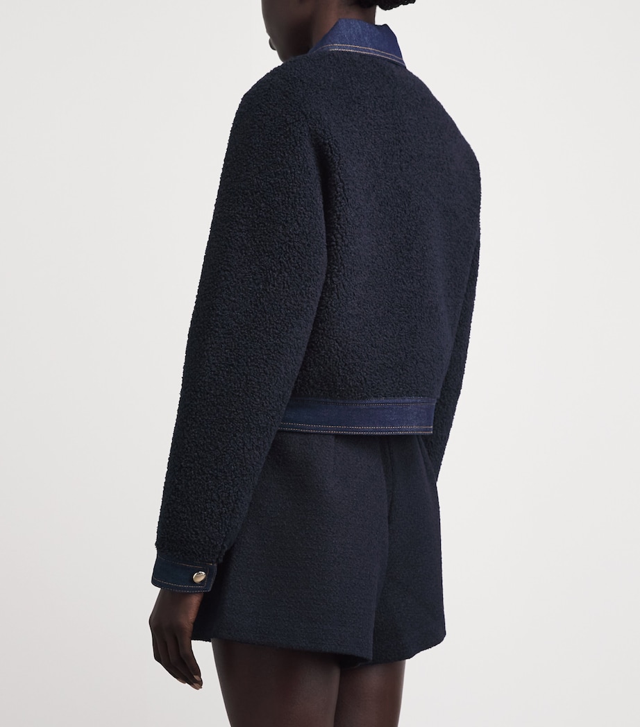 Maje Womens Bouclé Denim-Trim Jacket Navy Image 5