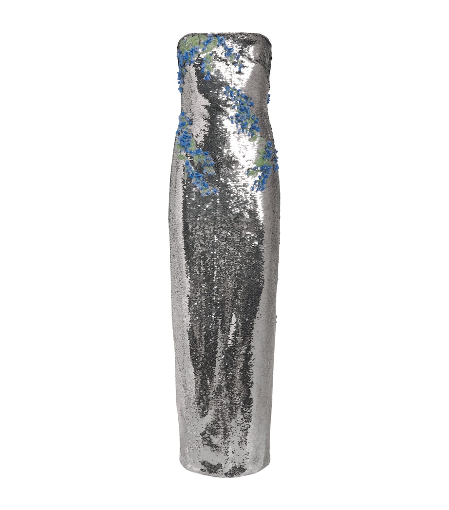 Monique Lhuillier Womens Sequin Floral Gown Chrome Multi Image 1