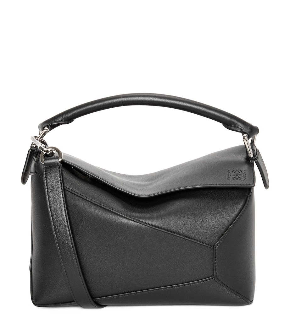 Small Leather Puzzle Edge Top-Handle Bag BLACK Image 1