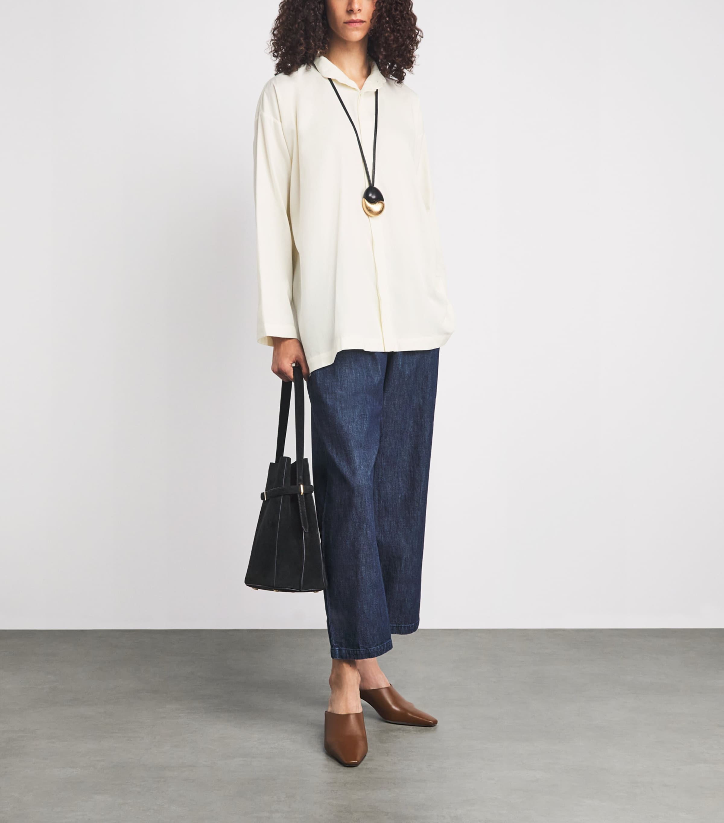 Eskandar Womens Brushed Double Stand-Collar Shirt Cream Image 2