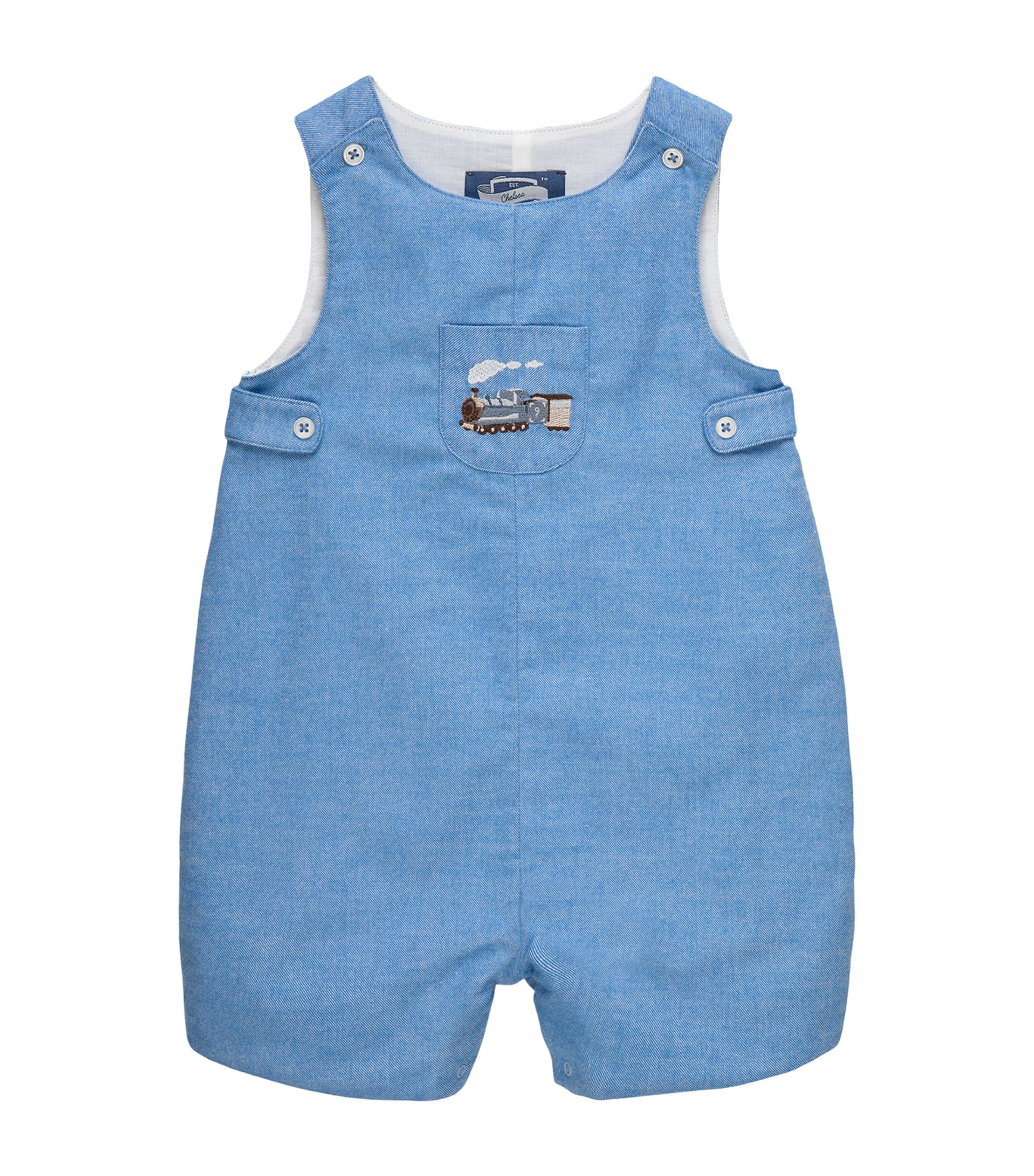 Trotters Cotton Steam Train Archie Playsuit (3-24 Months) Blue Image 1