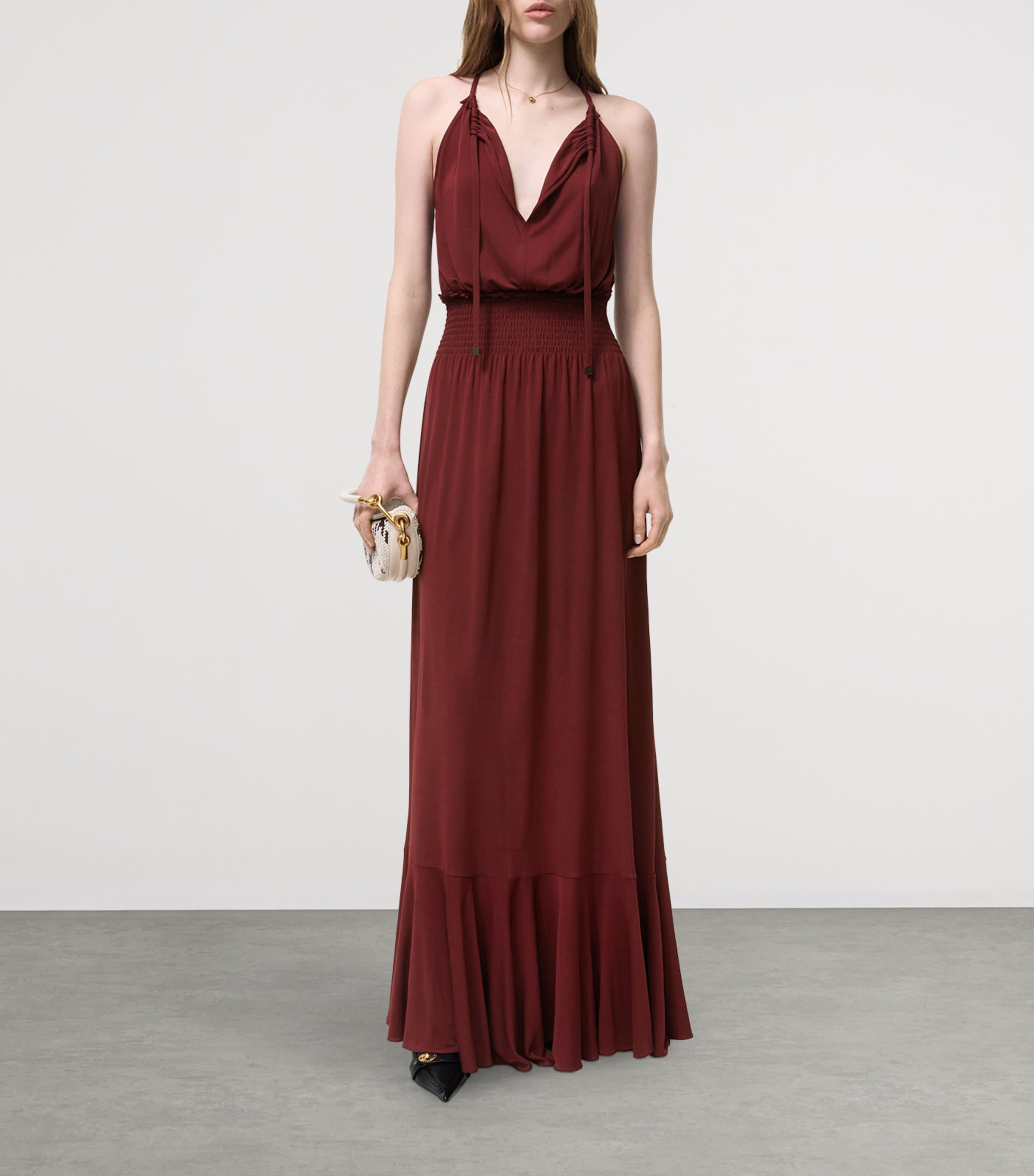 Burberry Womens Self-Tie Neckline Maxi Dress Ninebark Red Image 2