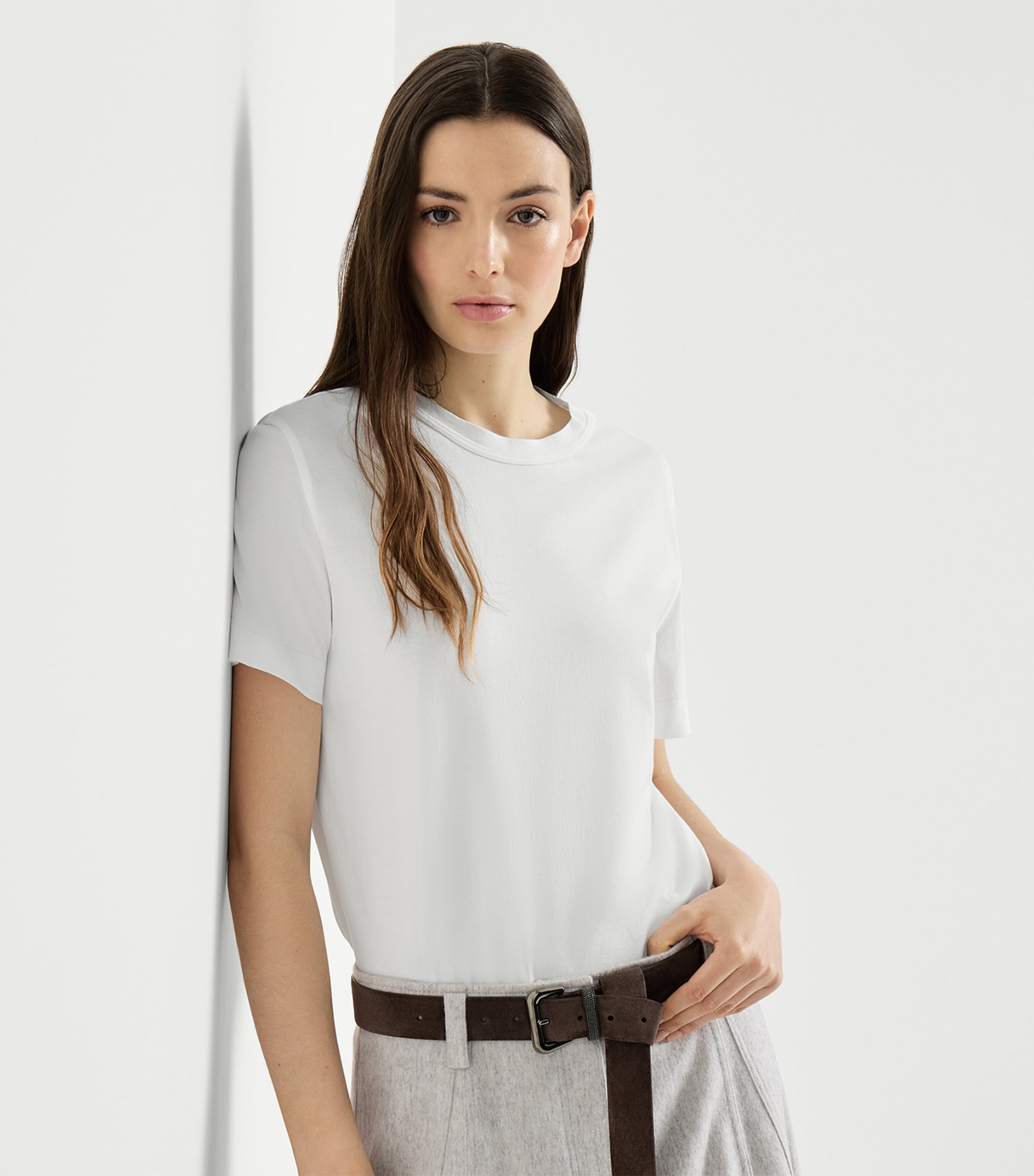 Brunello Cucinelli Womens Cotton Monili-Trim T-Shirt White Image 2