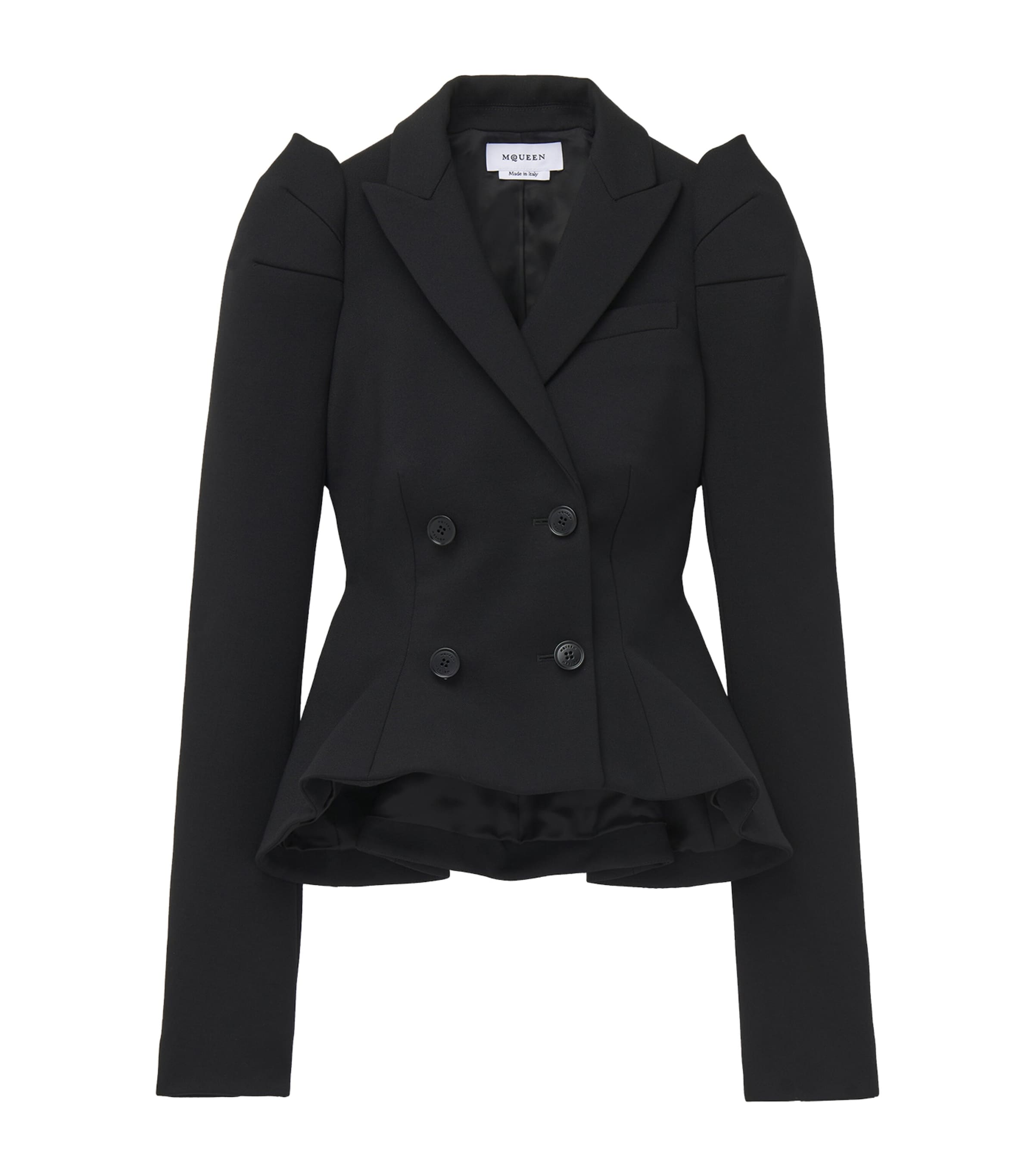Alexander Mcqueen Mcqueen Pleated Puff Shoulder Stretch Wool Crop Jacket In Black