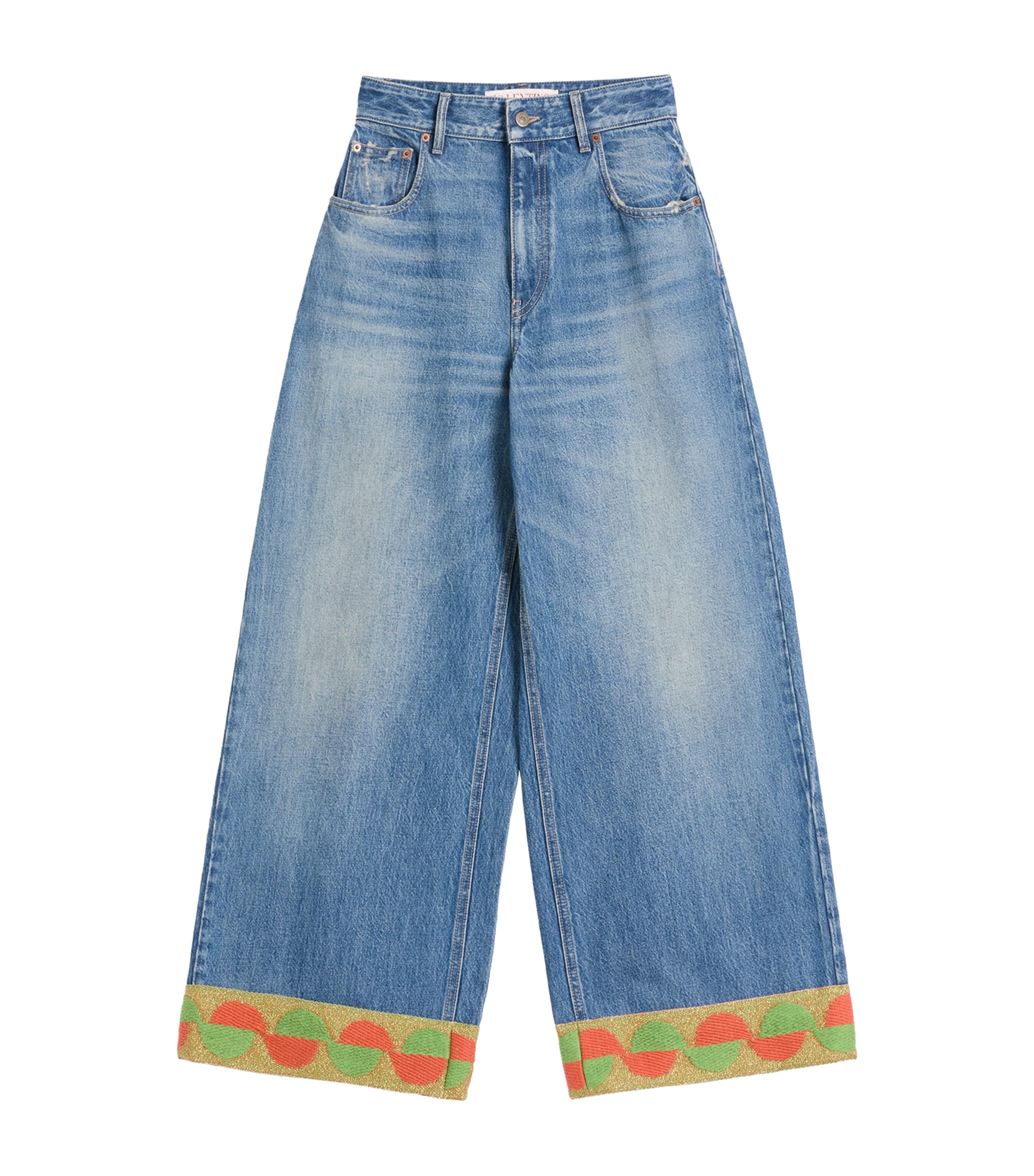 Valentino Garavani Light Blue Jeans With Logo Patch On The Back And Jacquard Cuffs In Denim Woman In Blue