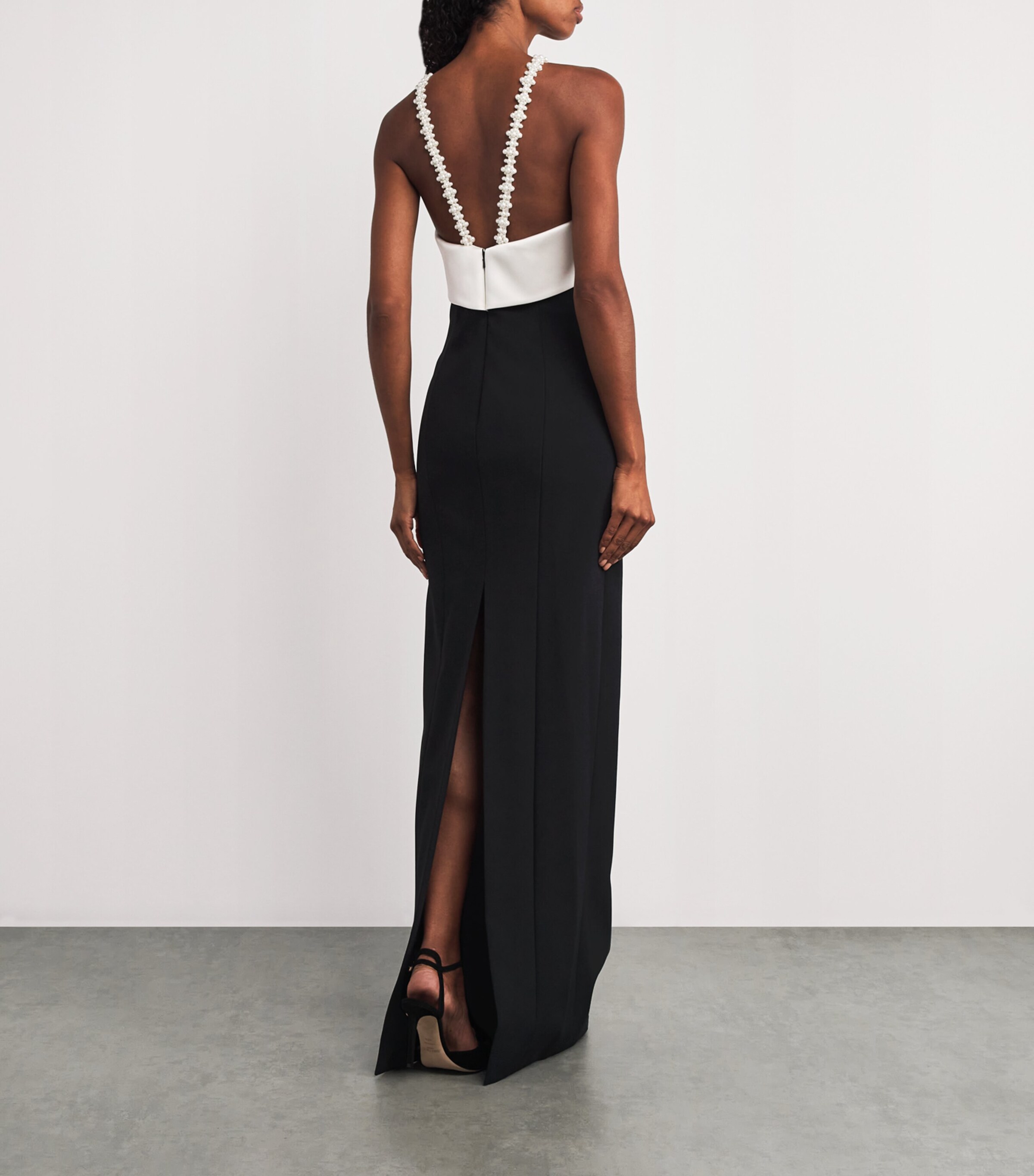 Pamella Roland Womens Satin Beaded Halterneck Gown Black/white Image 3