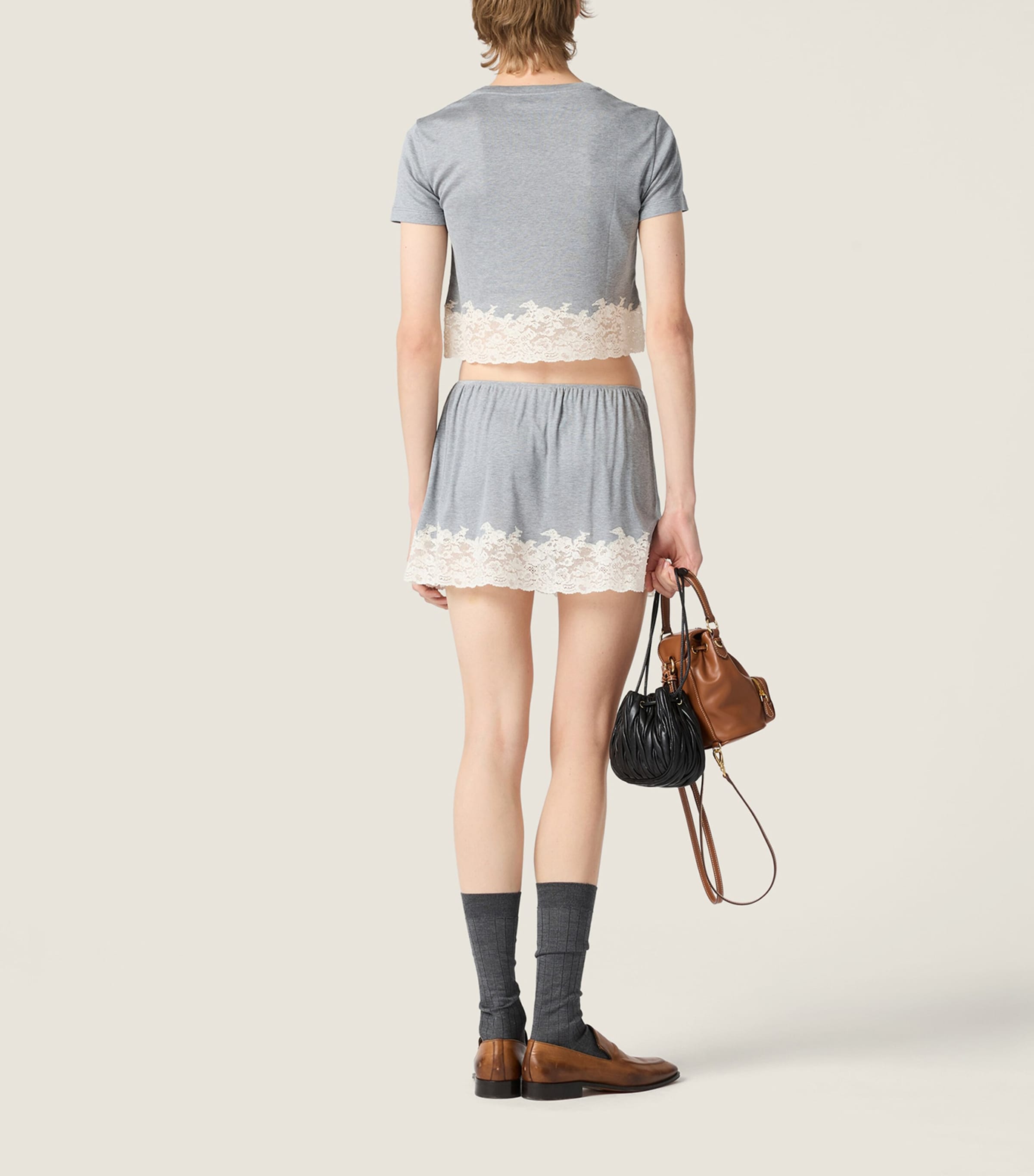 Miu Miu Womens Recycled Silk Cropped T-Shirt Grey Image 3