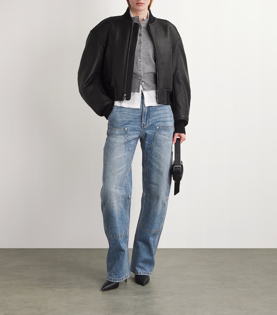 Lambskin Cropped Bomber Jacket 001BLACK Image 2