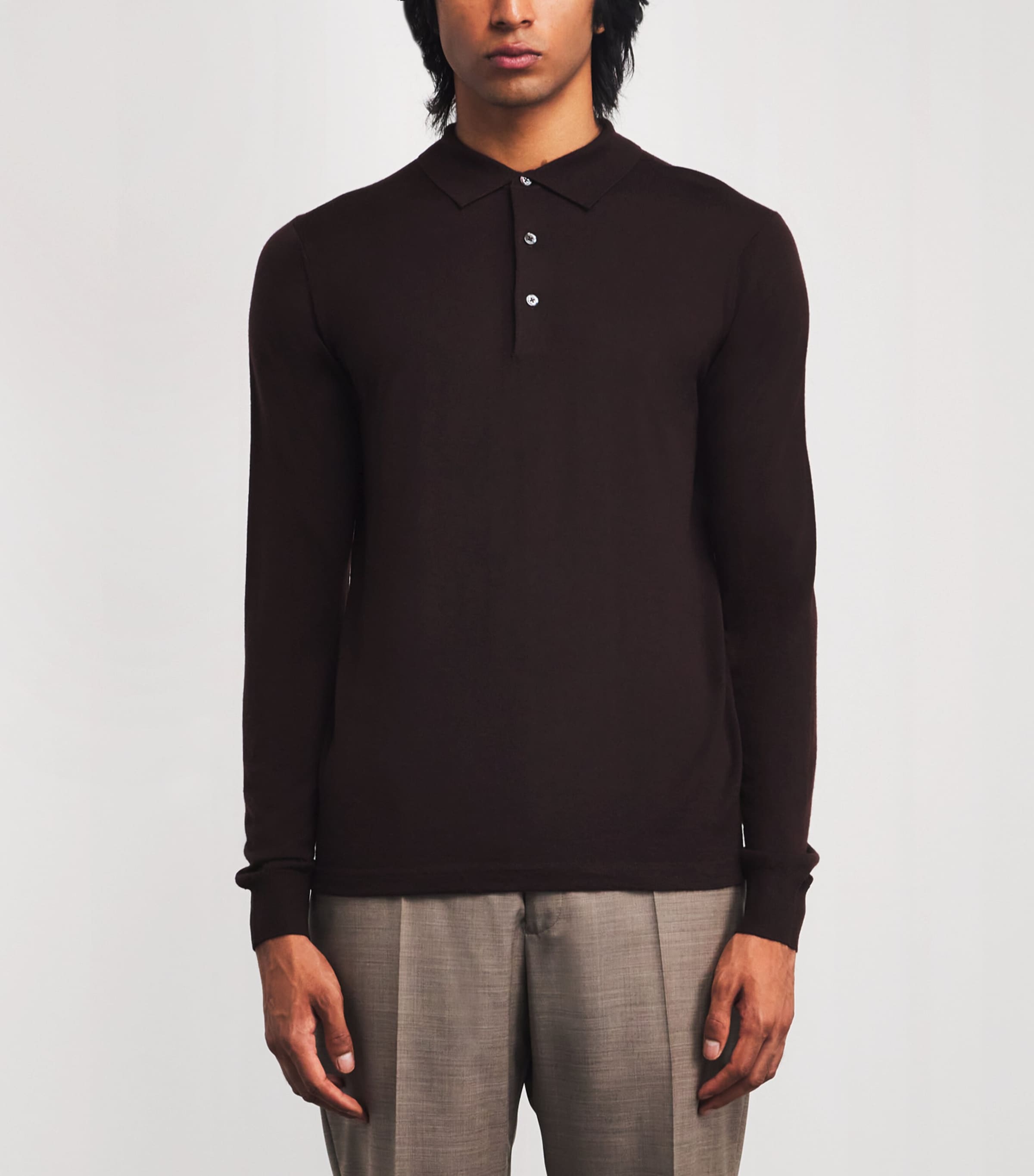 Aspesi Mens Virgin Wool Long-Sleeve Polo Shirt Marrone Image 3
