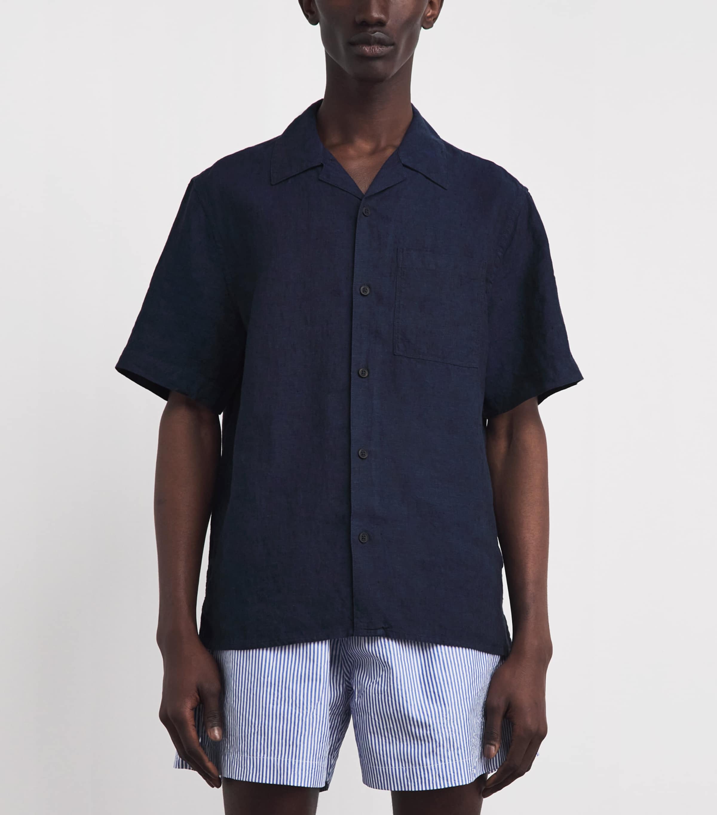 Wax London Mens Linen Short-Sleeve Didcot Shirt Navy Image 4