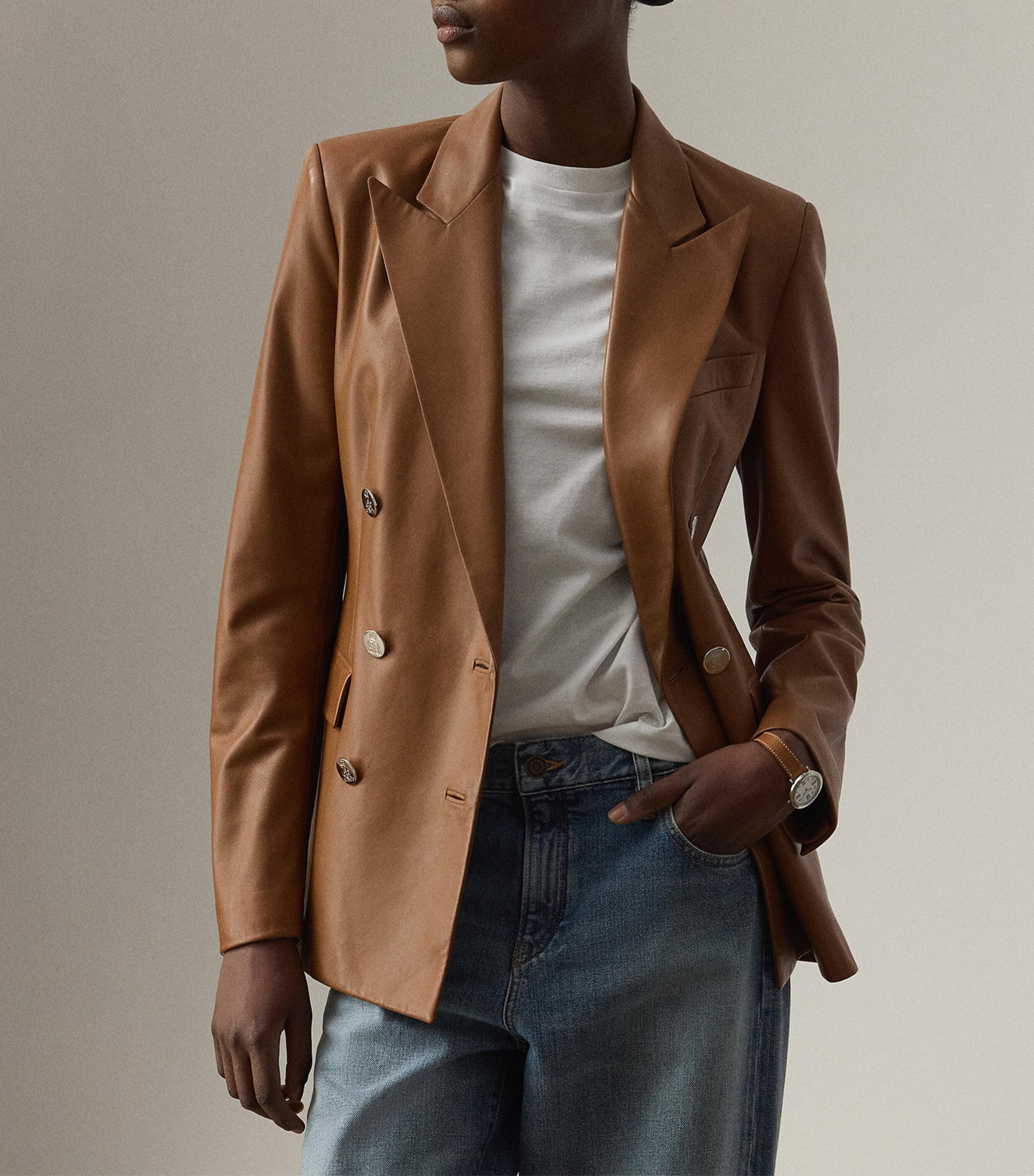 Leather Double-Breasted Blazer LIGHT TOFFEE Image 6