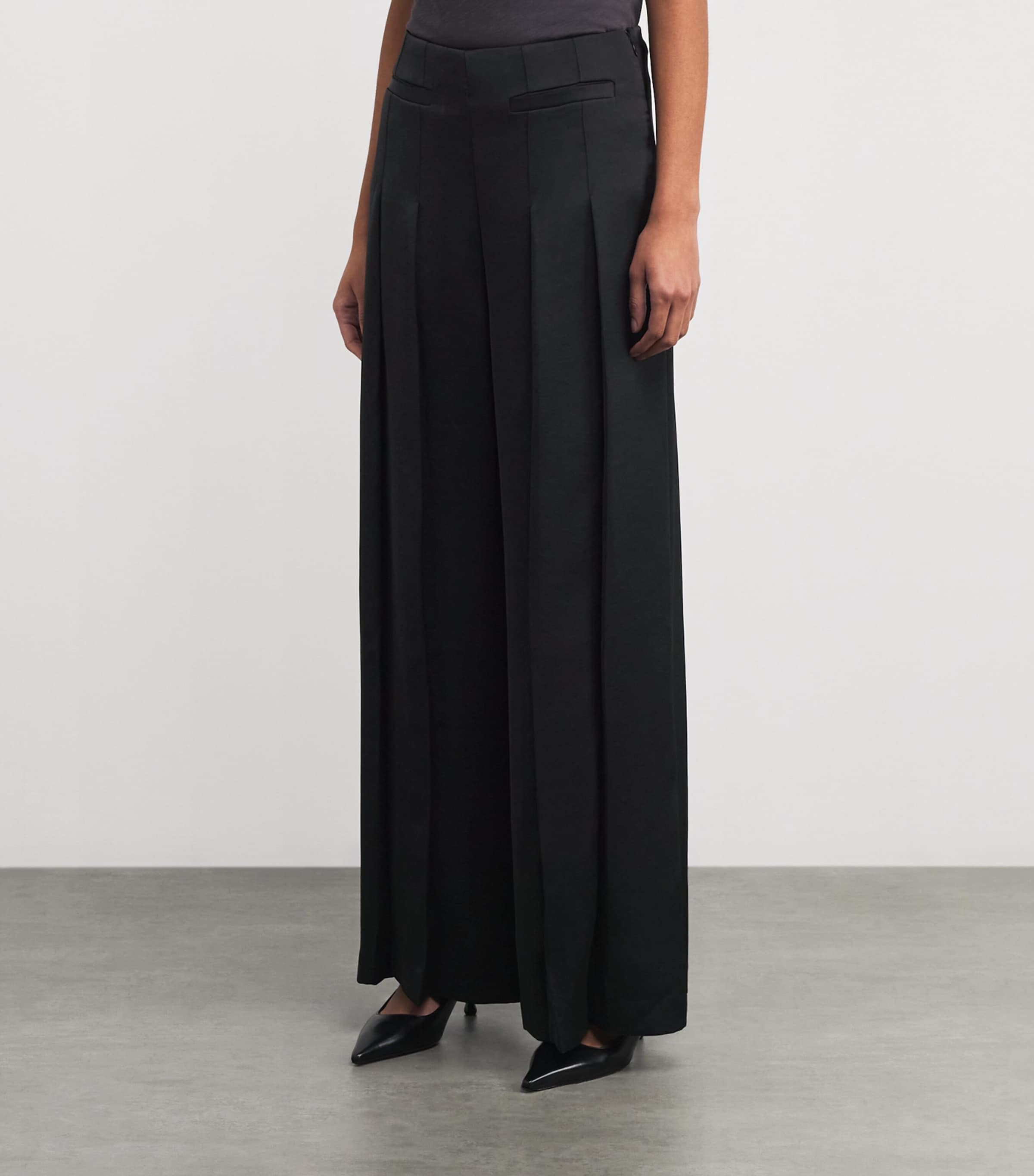 Satin Pleated Wide-Leg Trousers BLACK Image 3