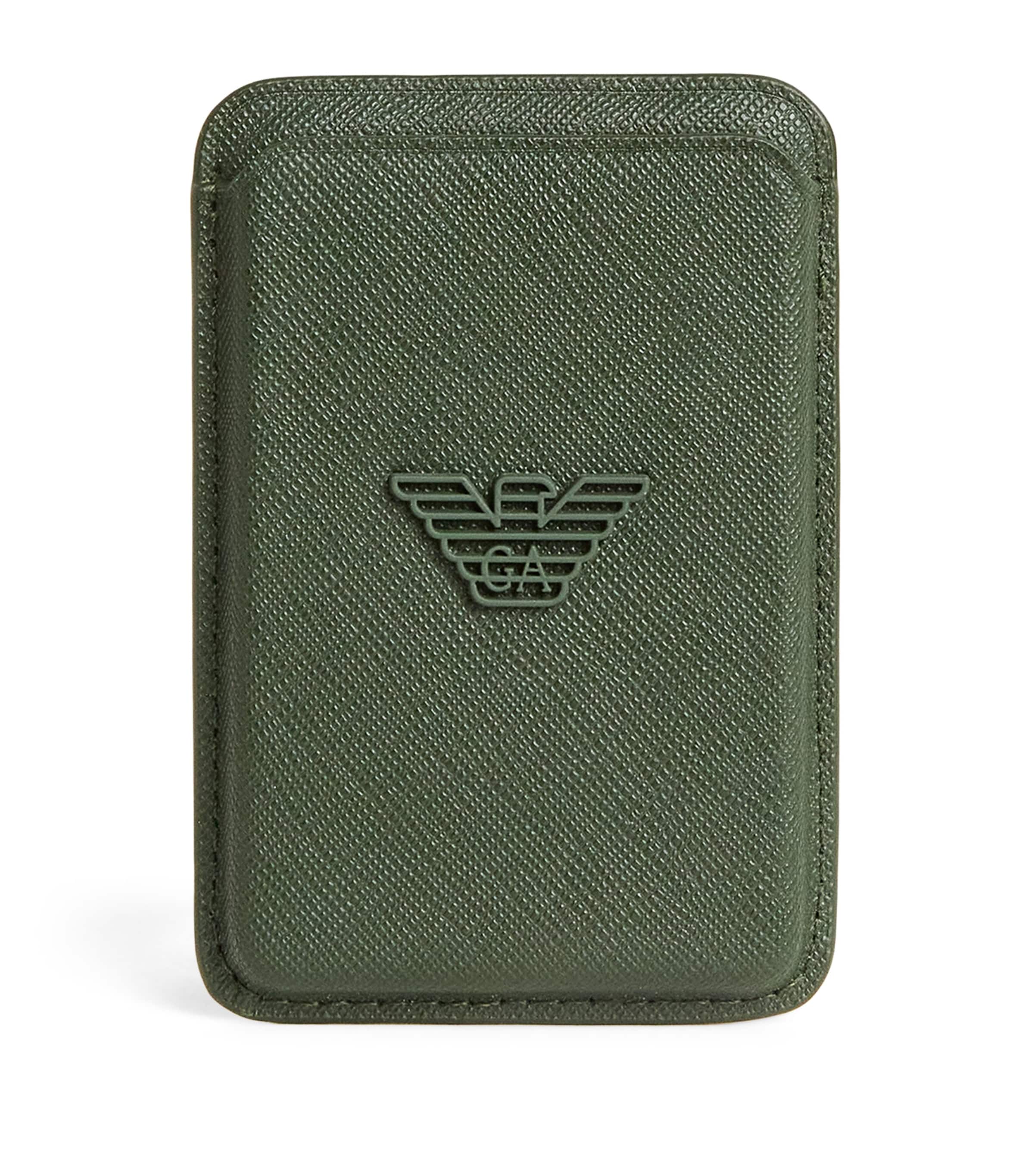 Emporio Armani Leather Magnetic Card Holder In Green