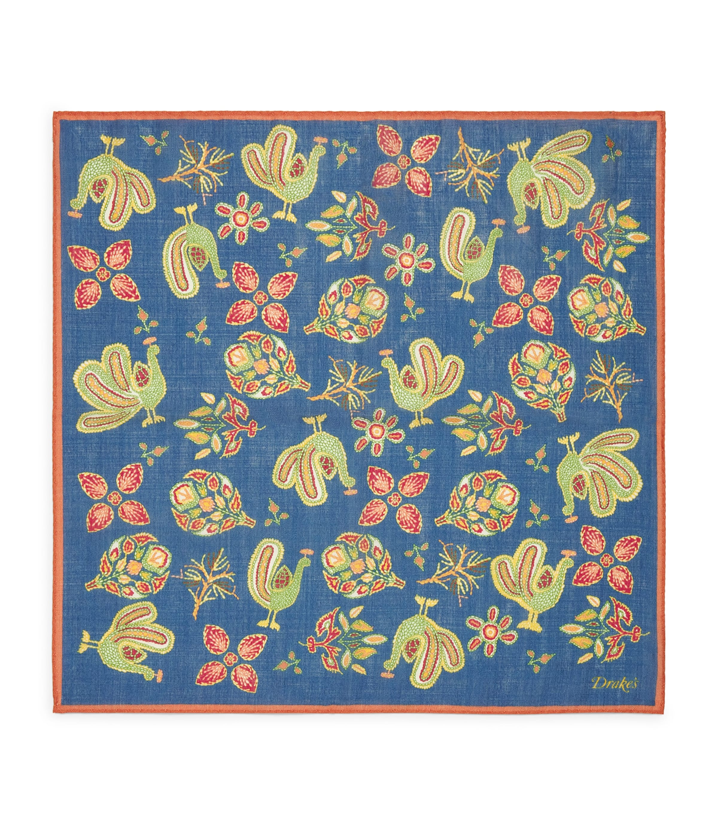 Drake's Wool-silk Peacock Print Pocket Square In Blue