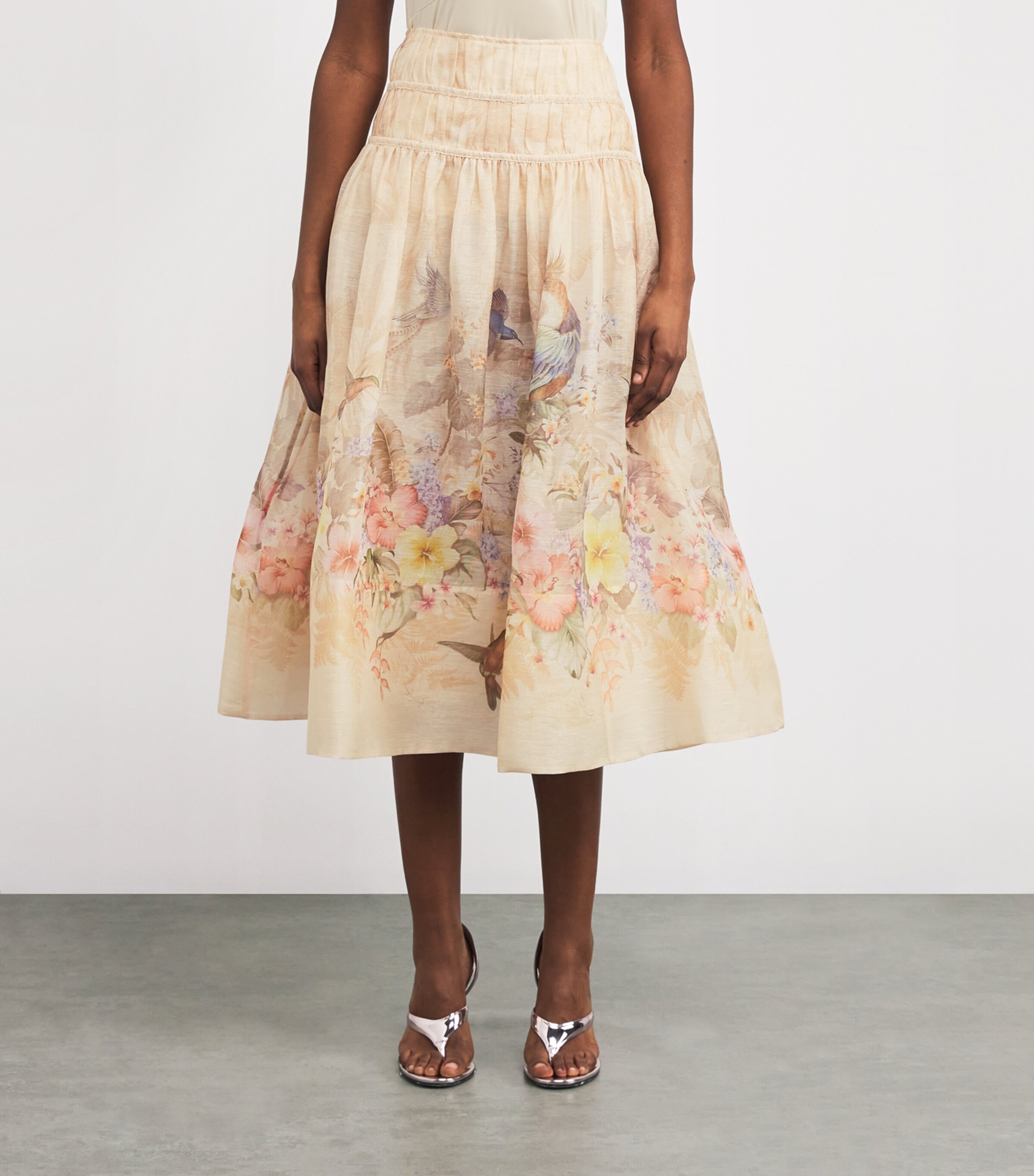 Zimmermann Womens Linen-Silk Midi Skirt Ivory Tropical Image 3