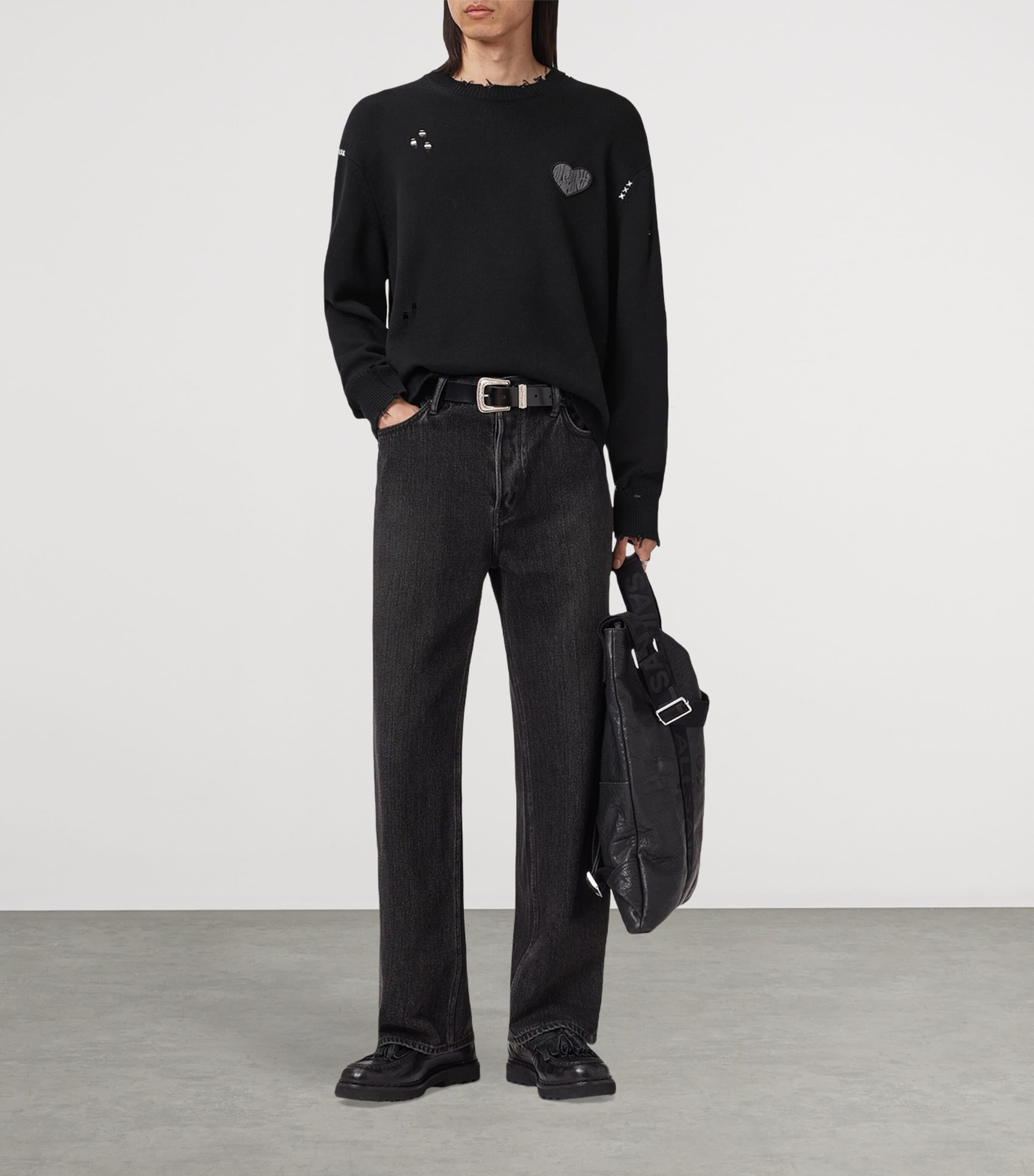 Cotton Distressed Theo Sweater BLACK Image 3