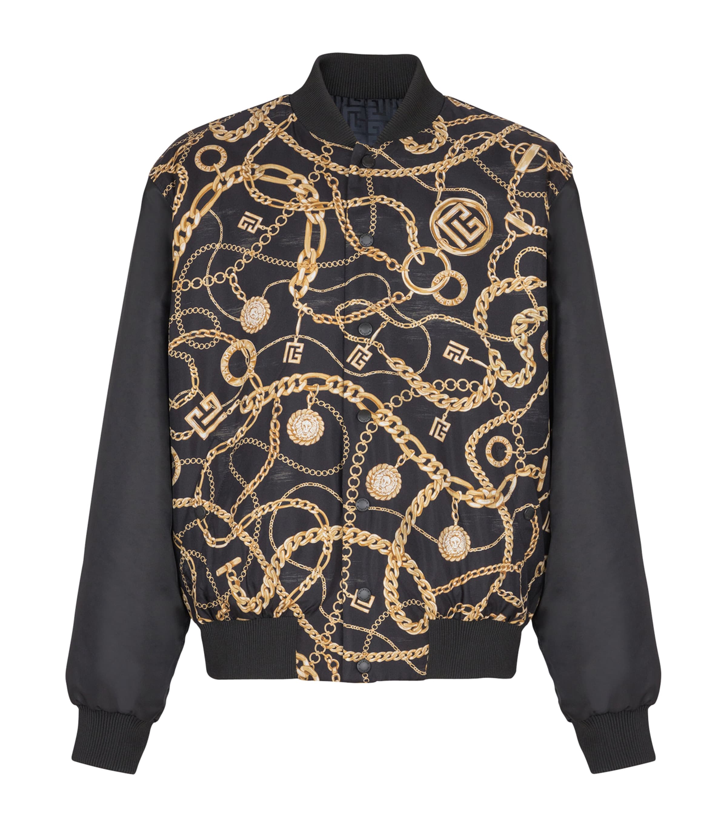 Balmain Silk Reversible Chain Bomber Jacket In Black