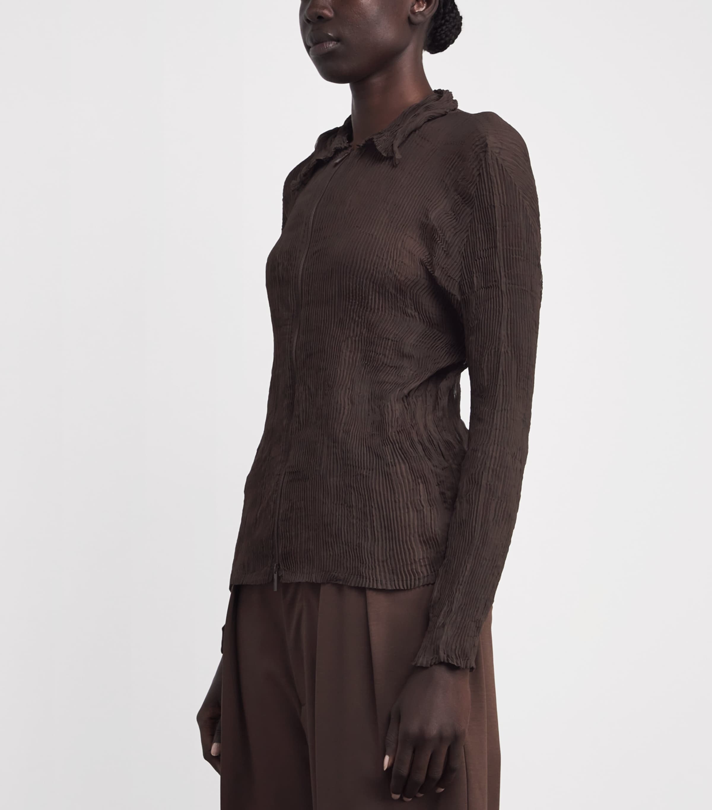 Issey Miyake Womens Chiffon Twist 1 Pleats Zip Cardigan Dark Brown Image 3