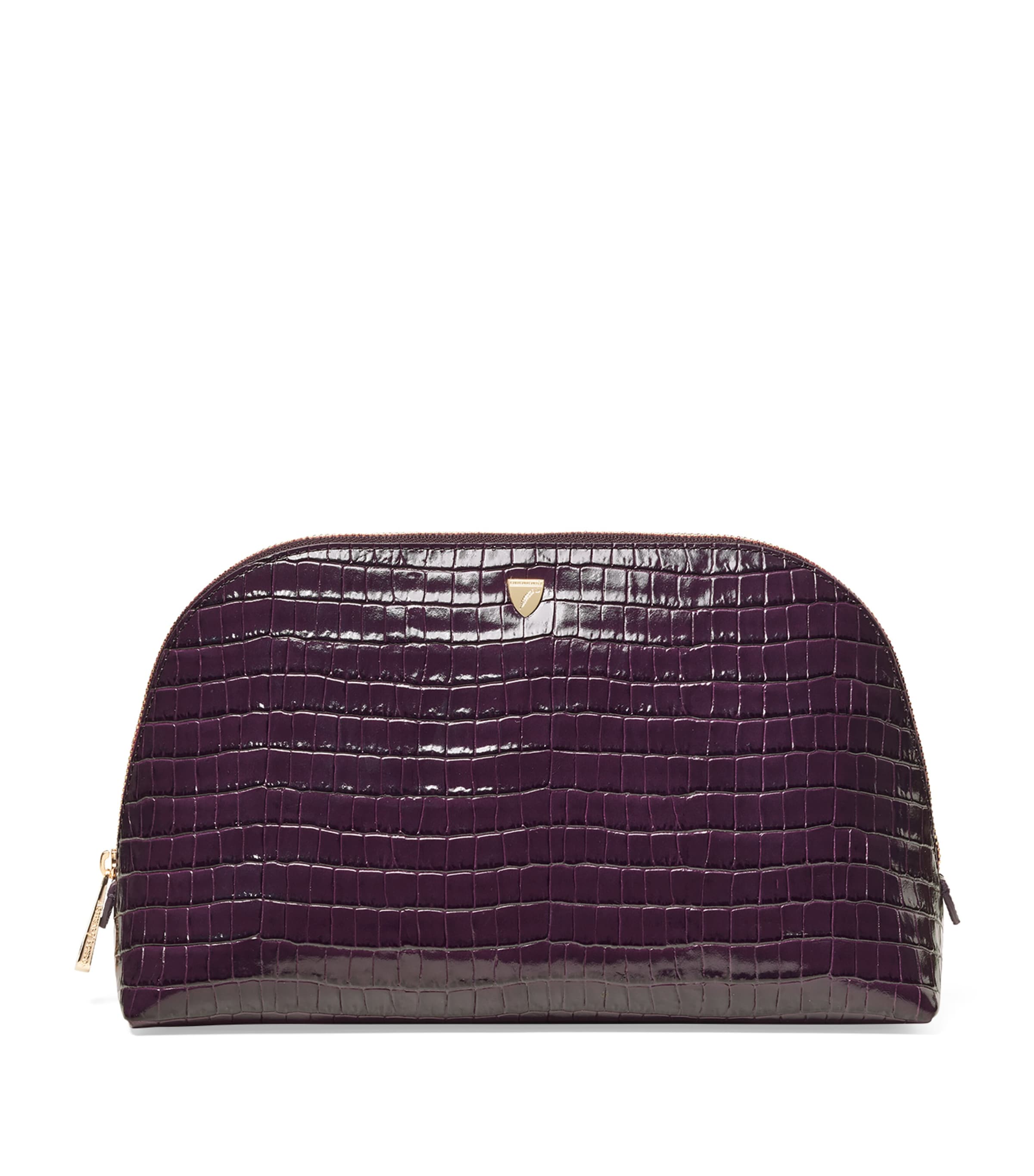 Aspinal Of London Large Leather Croc-embossed Cosmetic Case In Purple
