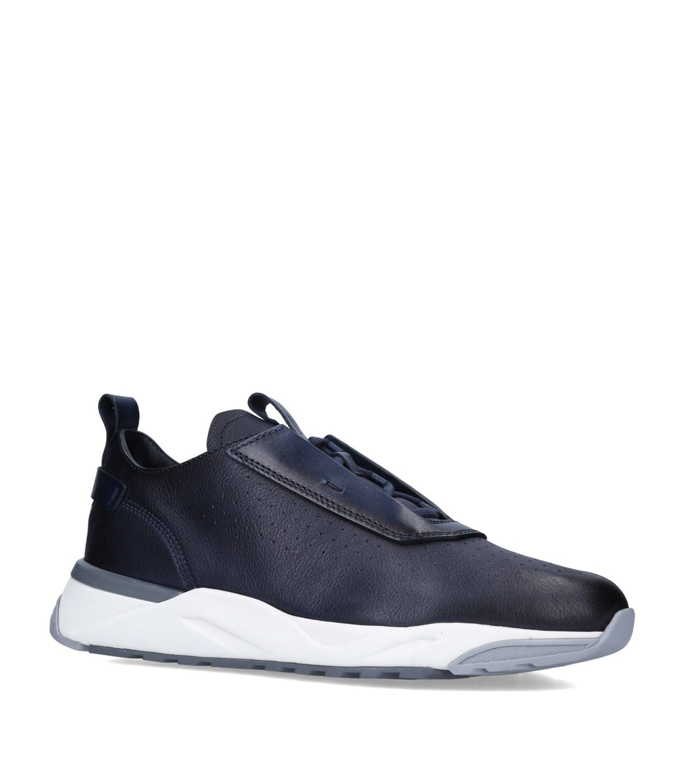 Santoni Patina Runner Leather Trainers In Navy