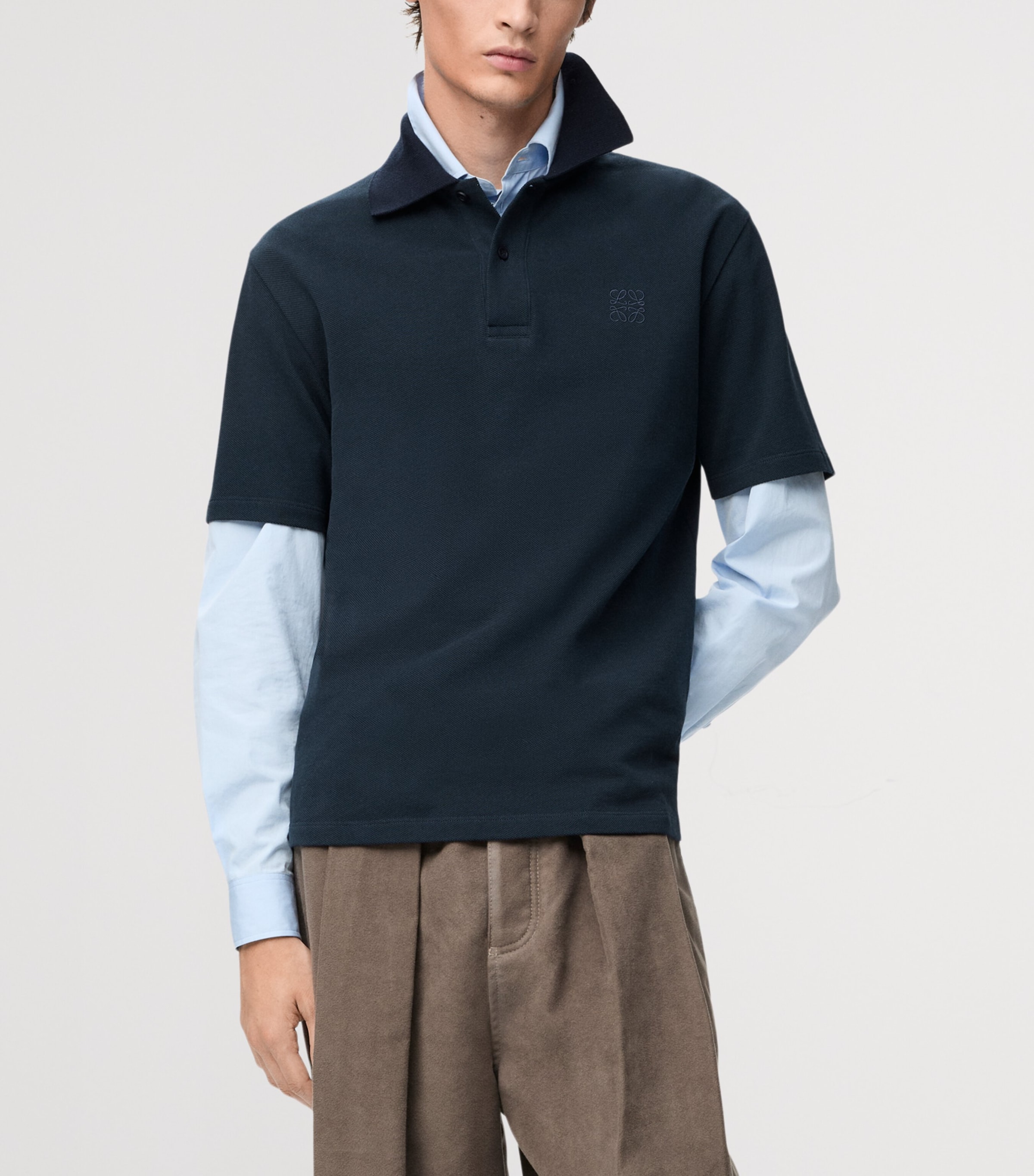 LOEWE Mens Cotton-Blend Anagram Polo Shirt Navy Blue Image 3