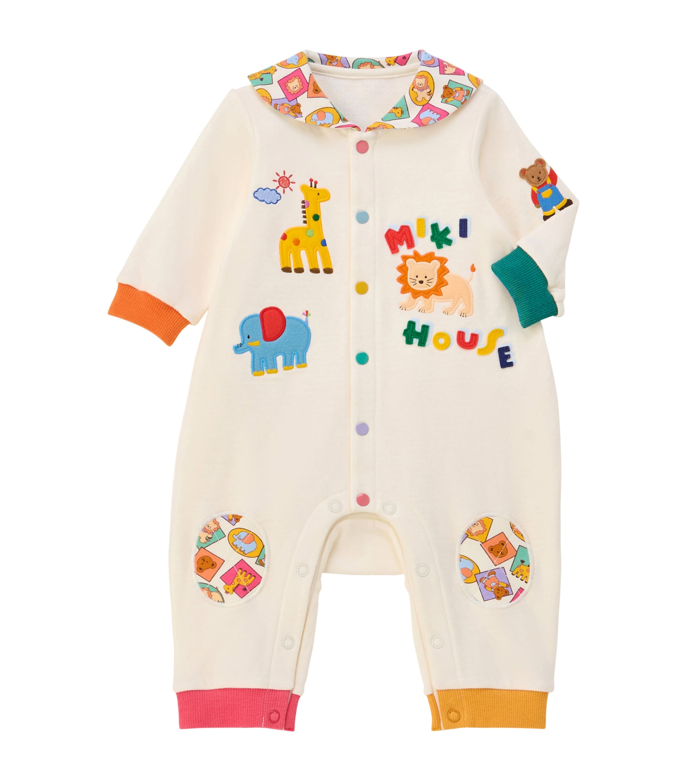 Miki House Cotton Animal-appliqué Playsuit In Neutral