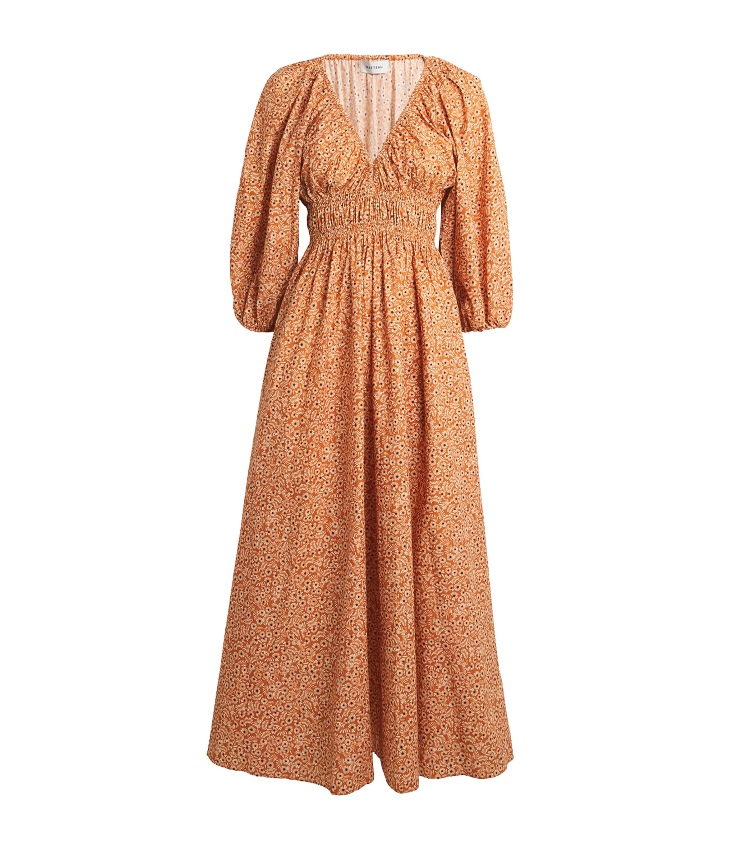 Matteau Floral Print Shirred Midi Dress In Orange