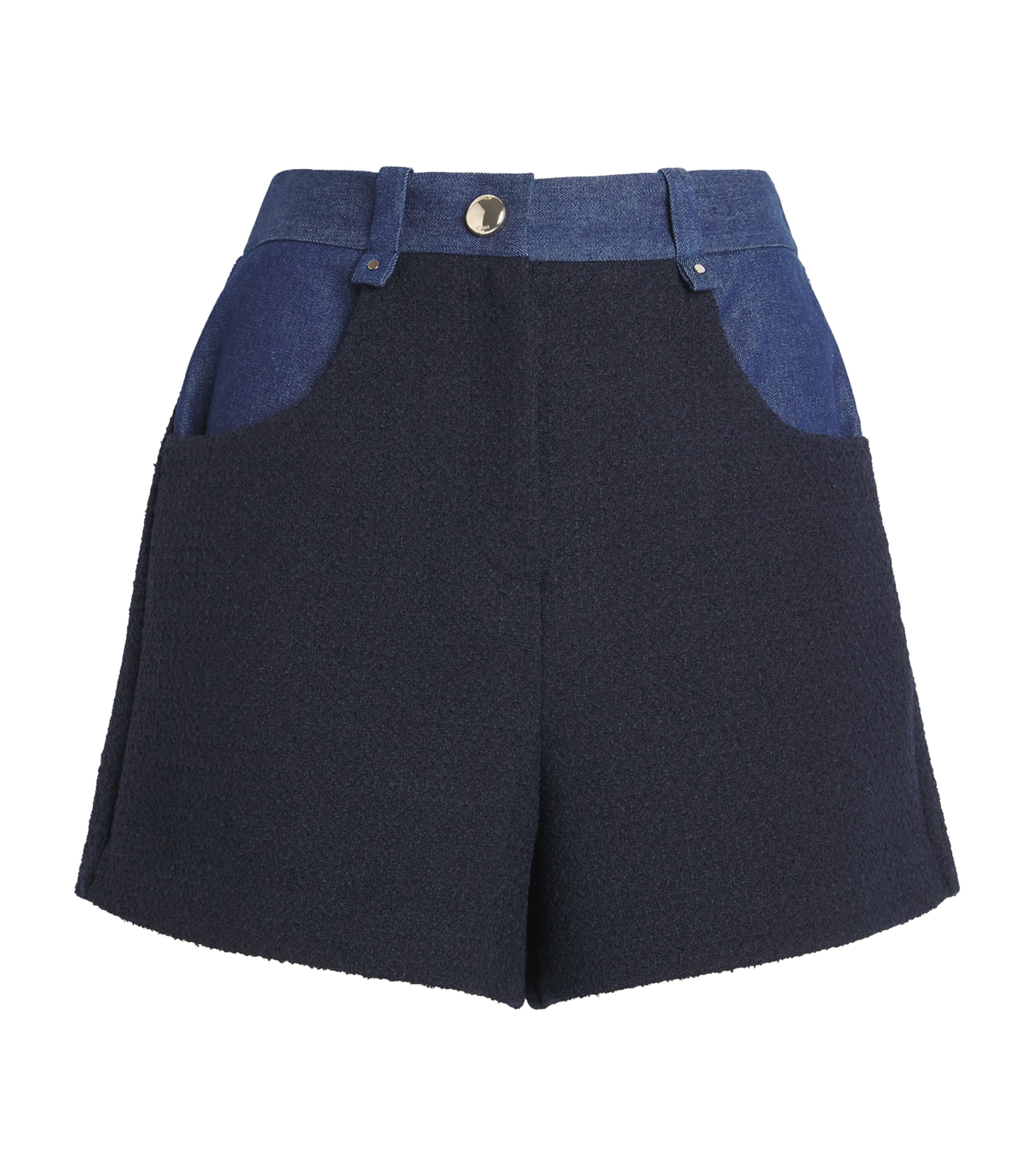 Maje Womens Tweed Denim-Trim Shorts Navy Image 1