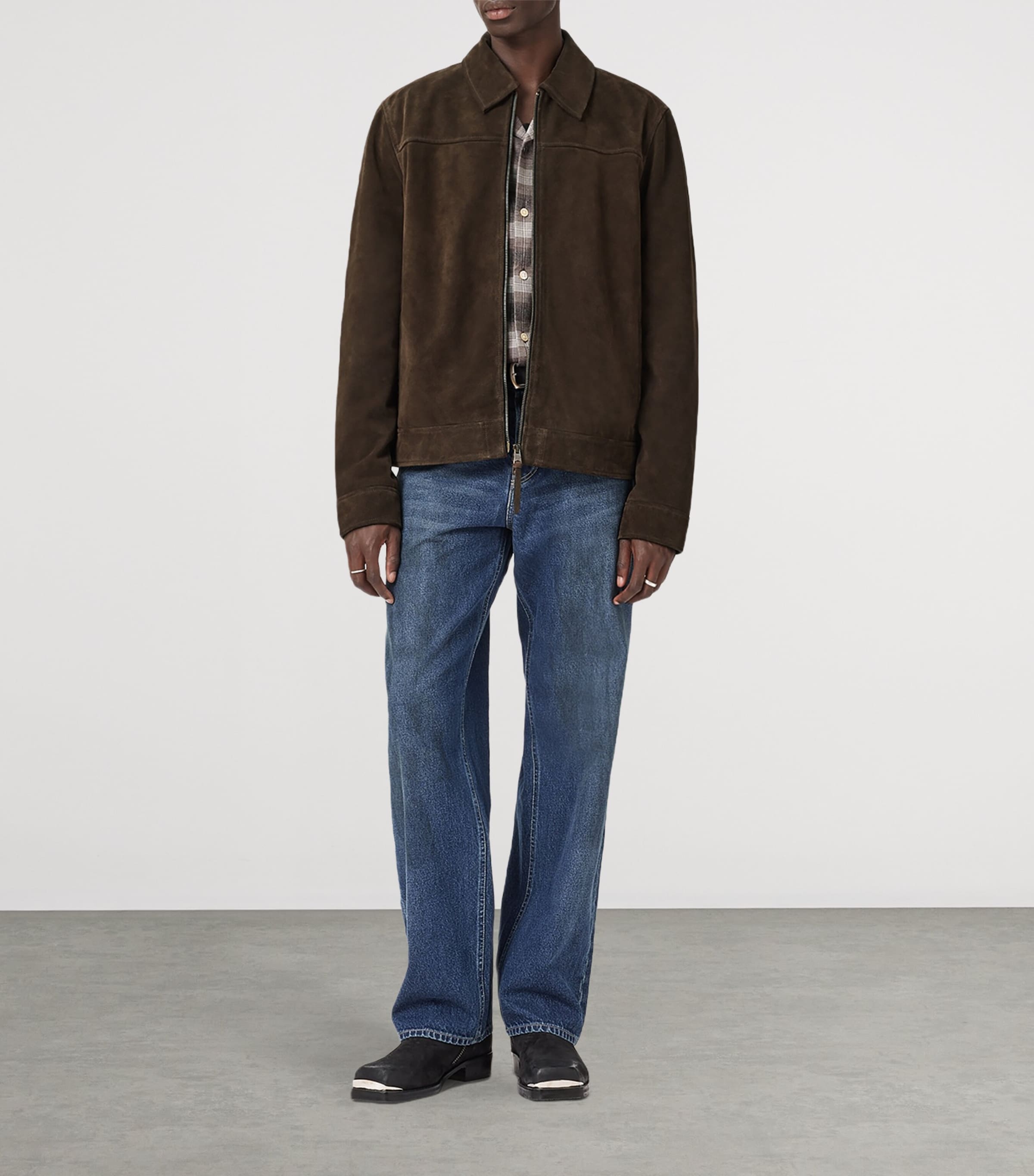 AllSaints Mens Rhone Leather Jacket Cocoa Brown Image 3