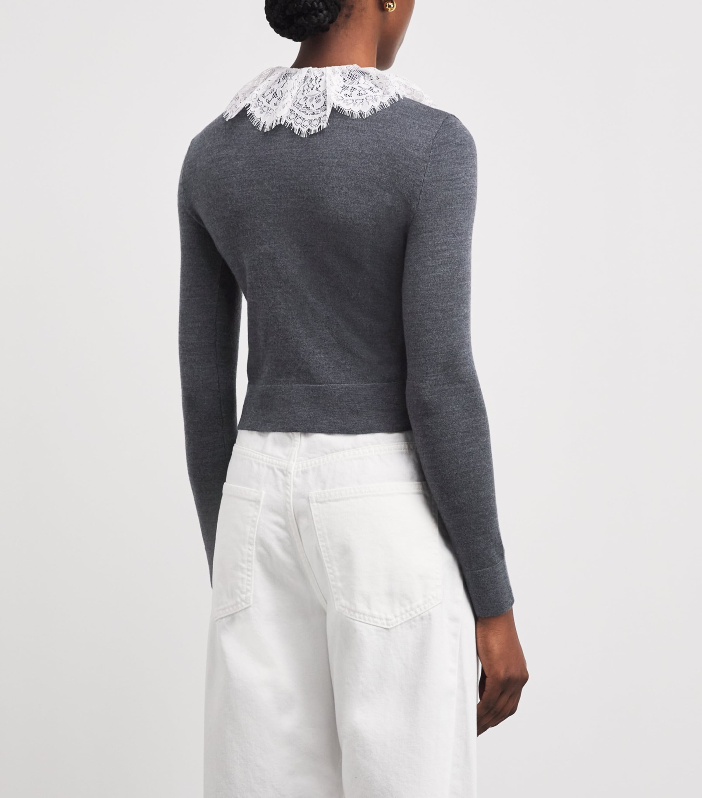 Self-Portrait Womens Wool Lace-Collar Cardigan Grey Image 5