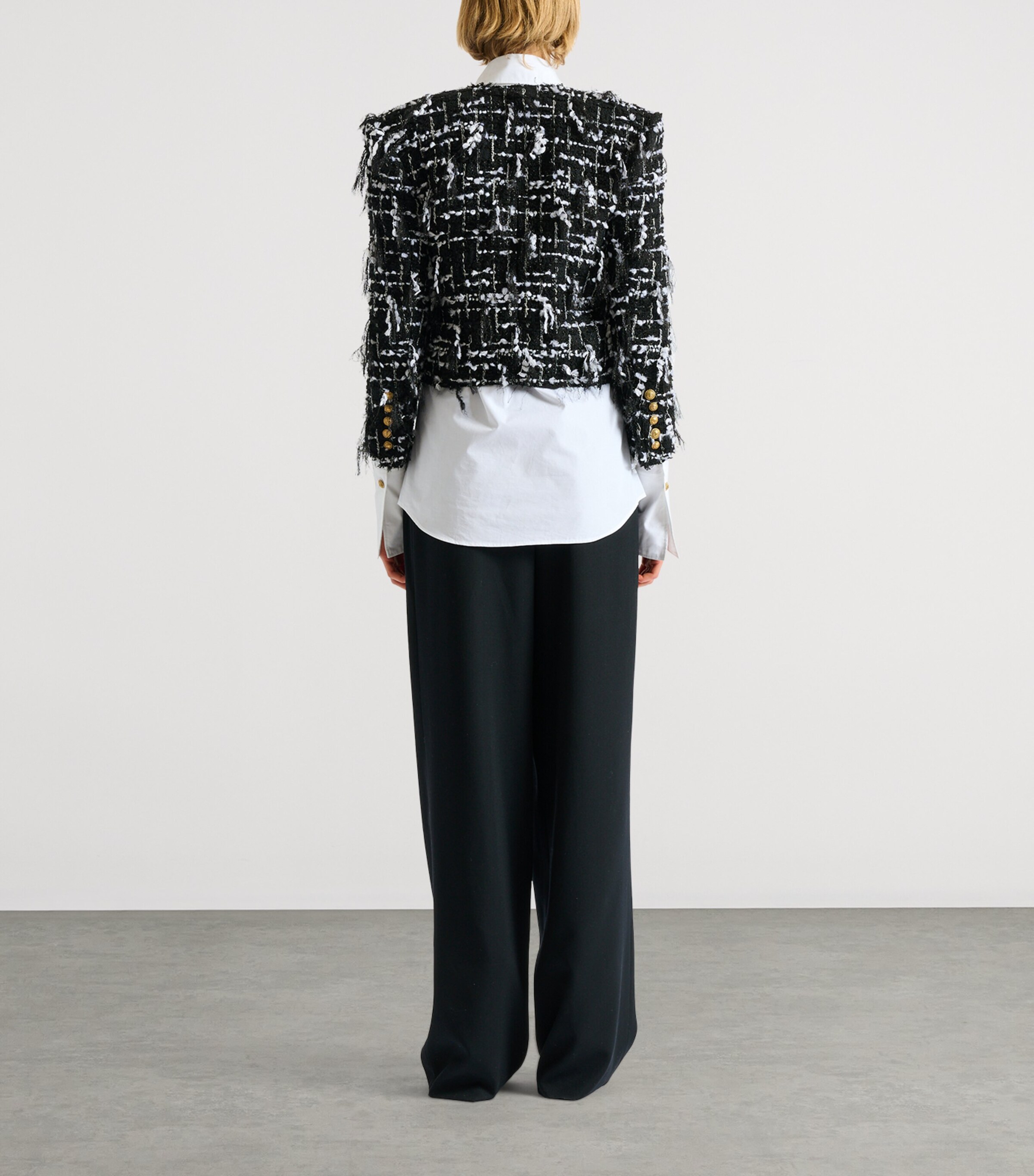 Balmain Womens Frayed Tweed Cropped Jacket Eab Noir/blanc Image 5