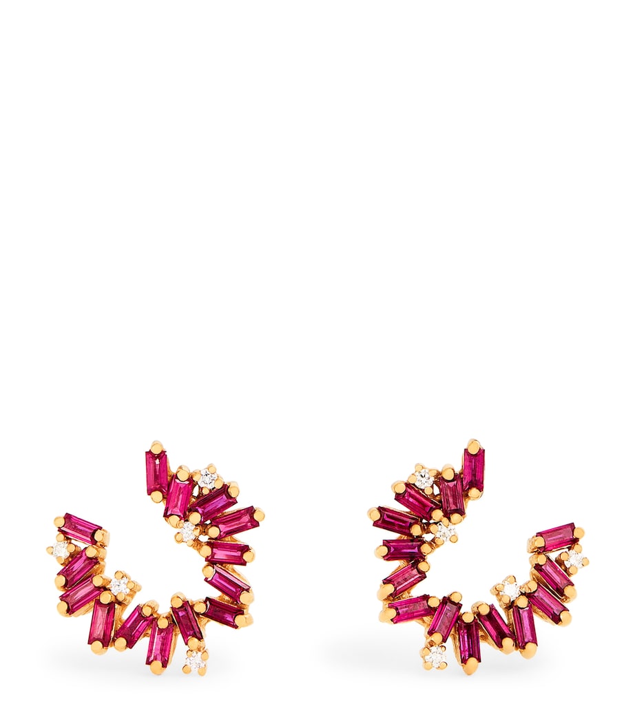 Mini Rose Gold, Diamond and Ruby Bold Hoop Earrings 18K RG/R Image 1