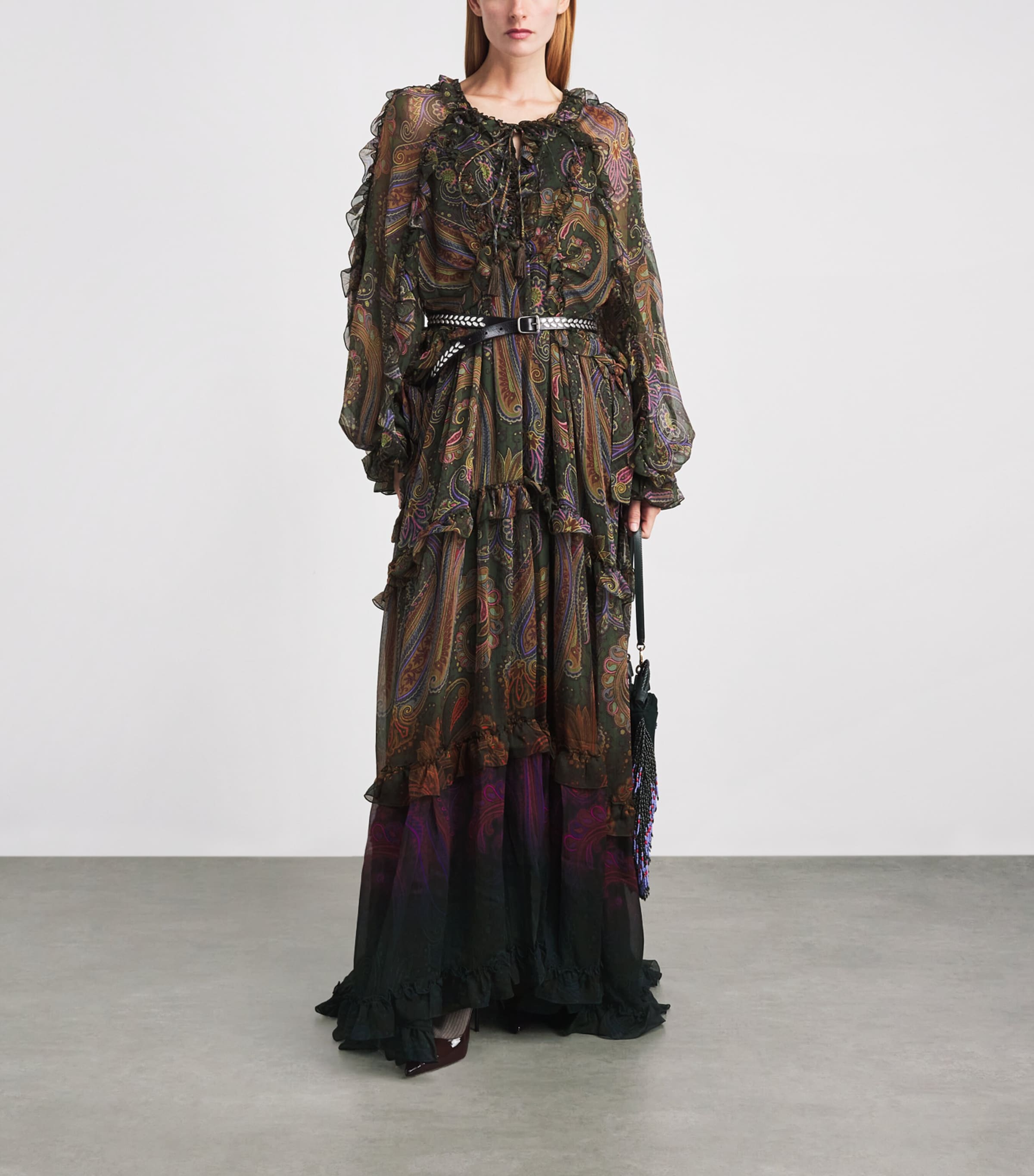 Etro Womens Silk Paisley Ruffle Maxi Dress Green Image 2