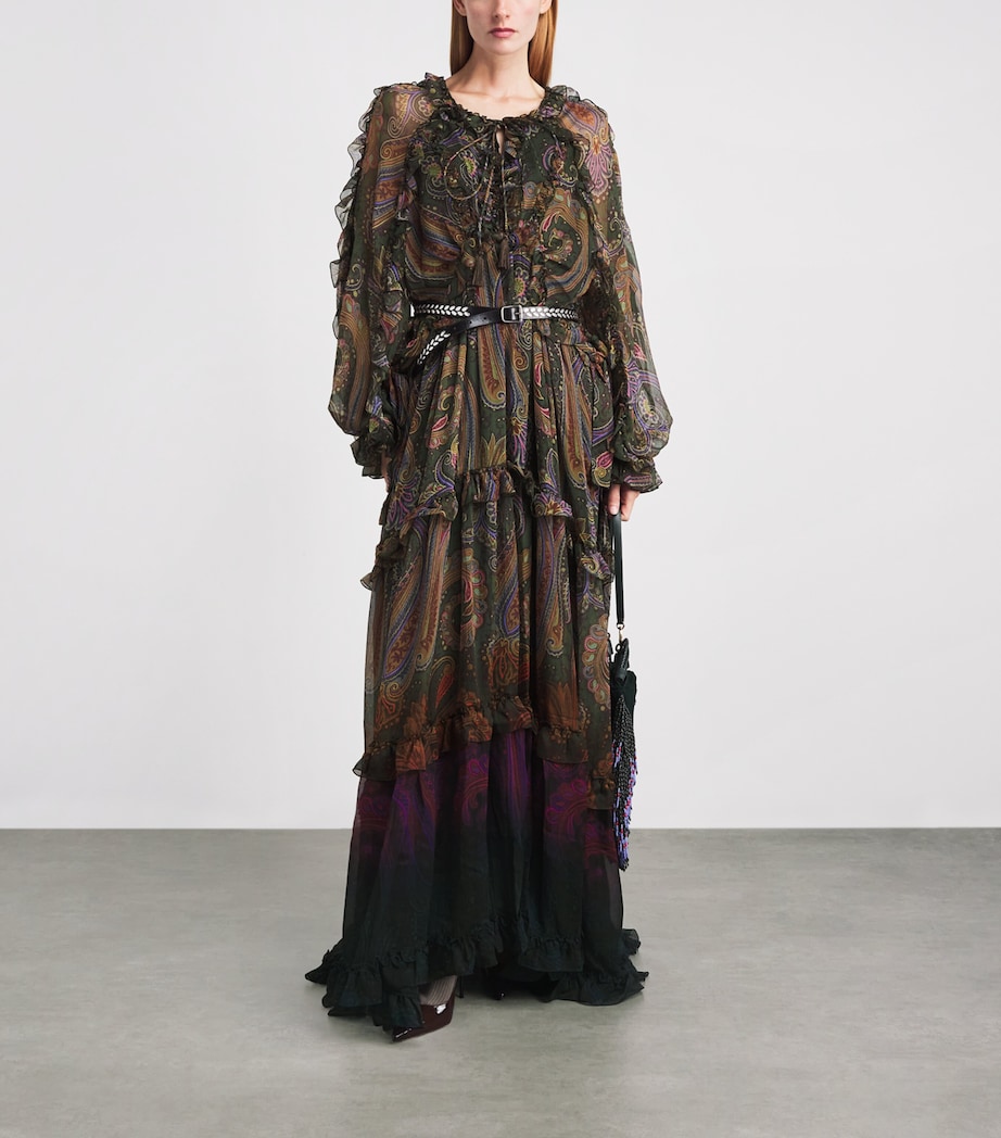 Etro Womens Silk Paisley Ruffle Maxi Dress Green Image 2