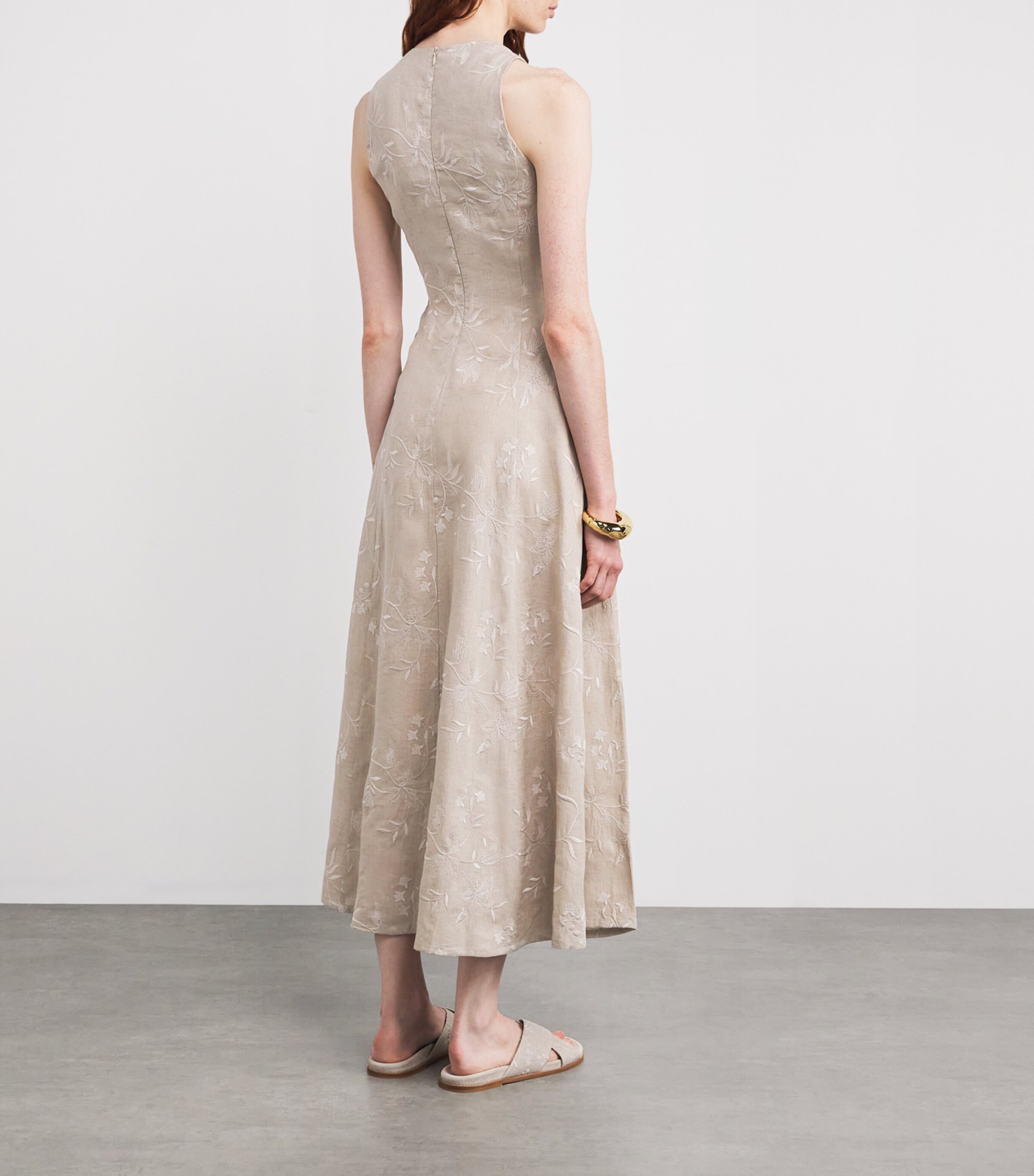 Eleventy Womens x Harrods Linen Floral-Embroidered Dress Sabbia Image 3