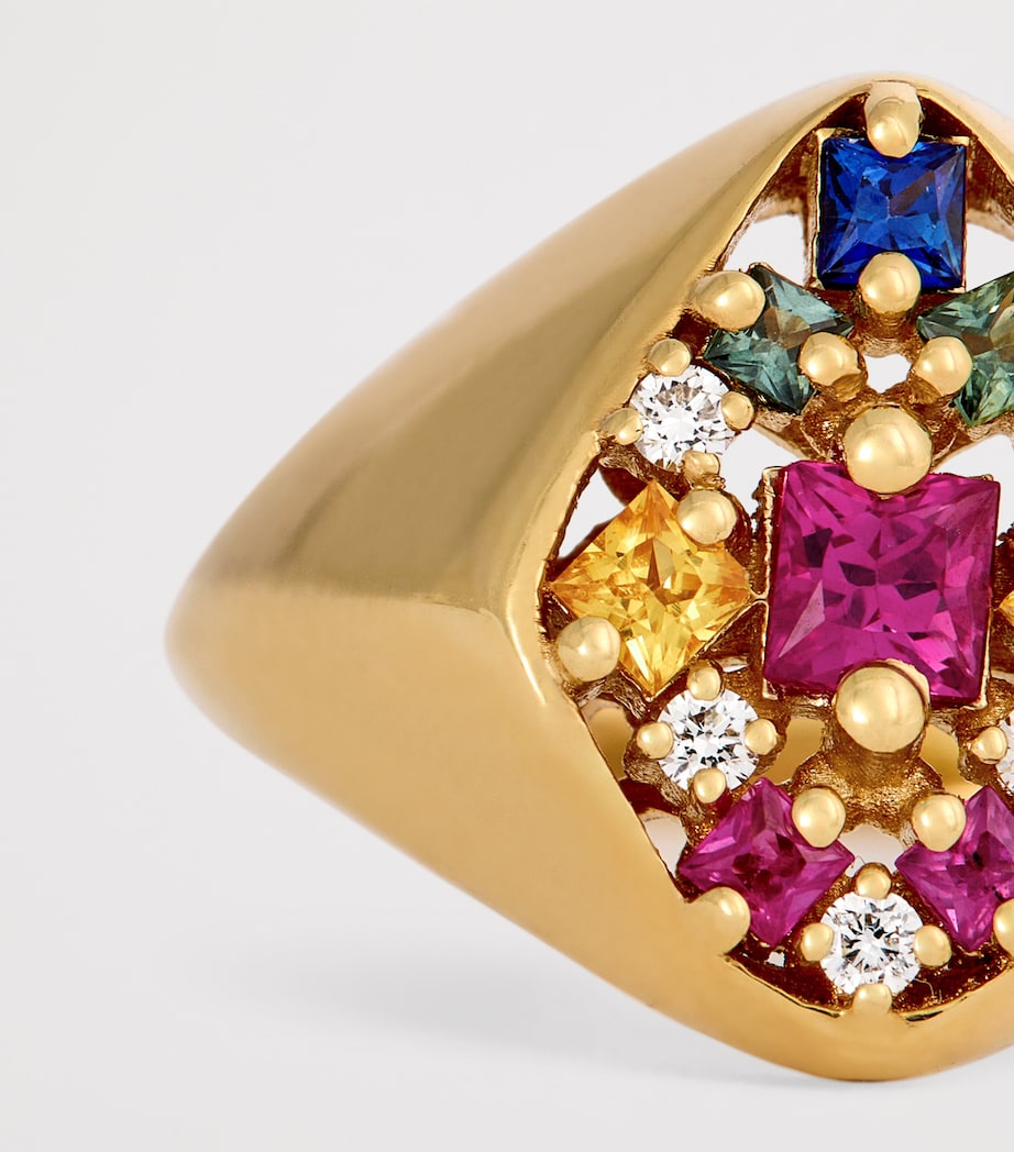 Yellow Gold, Diamond and Rainbow Sapphire La Fantaisie Signet Ring (Size 5) 18K YG/RS Image 5