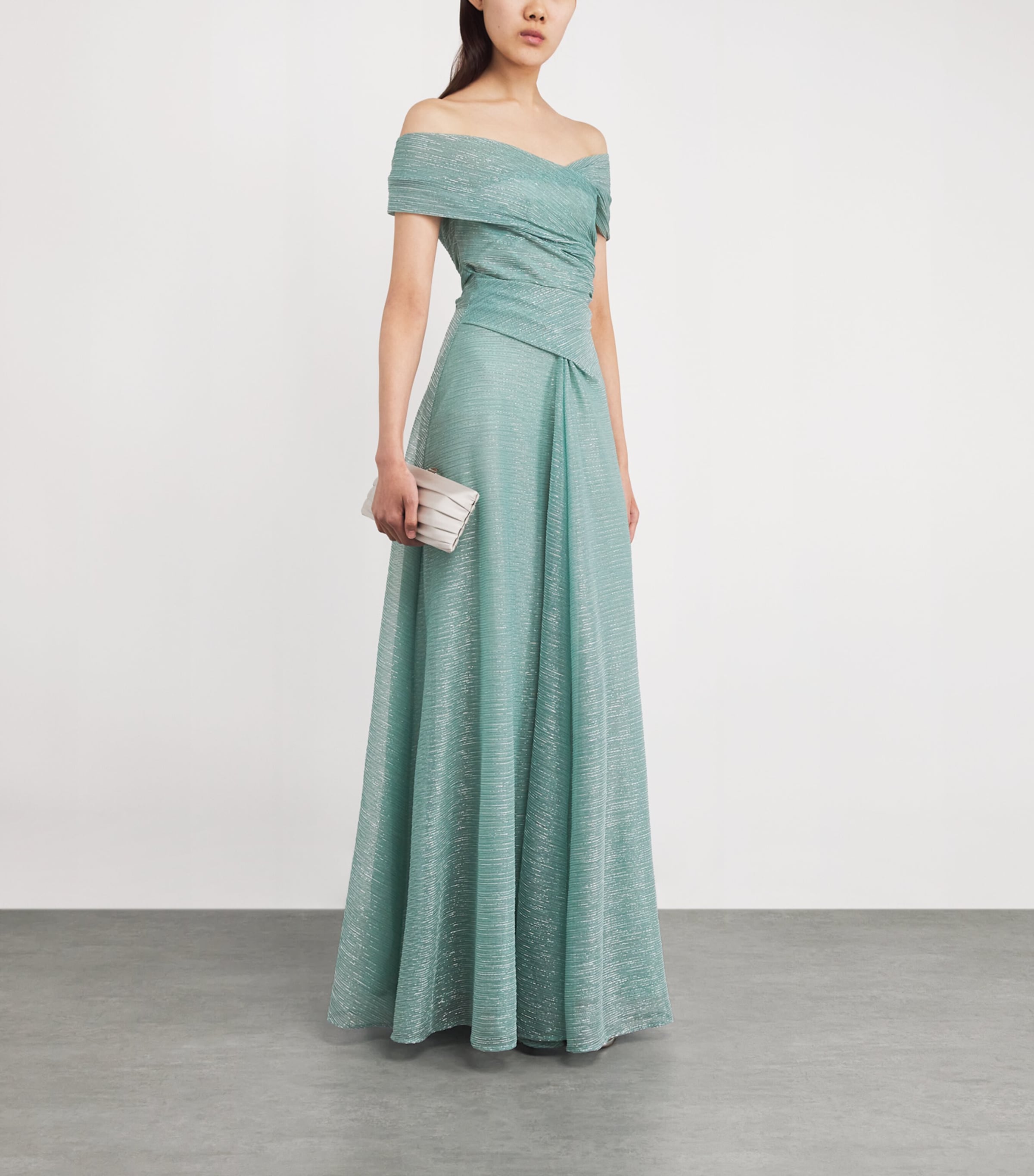 Metallic Tulle Off-The-Shoulder Gown 419 SEAFOAM Image 2