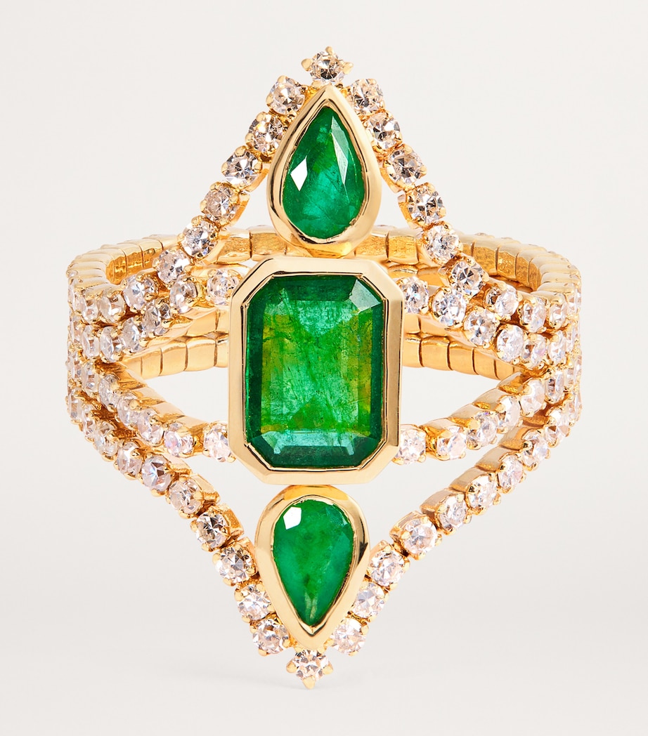 Yellow Gold, Diamond and Emerald Deco Stacked Thread Ring YELLOW GOLD Image 4