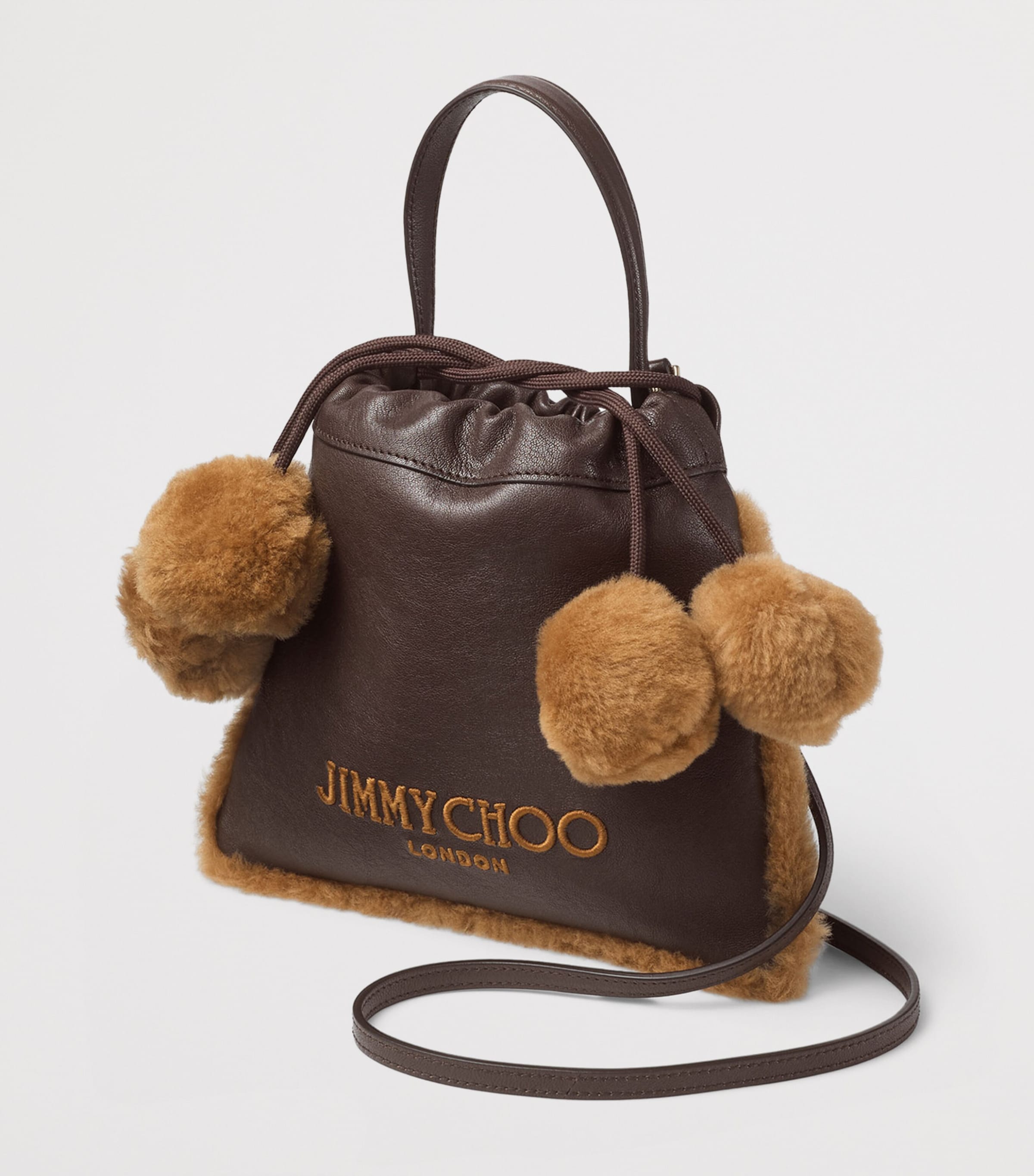 Jimmy Choo Leather Shearling-Trim Drawstring Pouch Chocolate/toffee/ecr Image 3