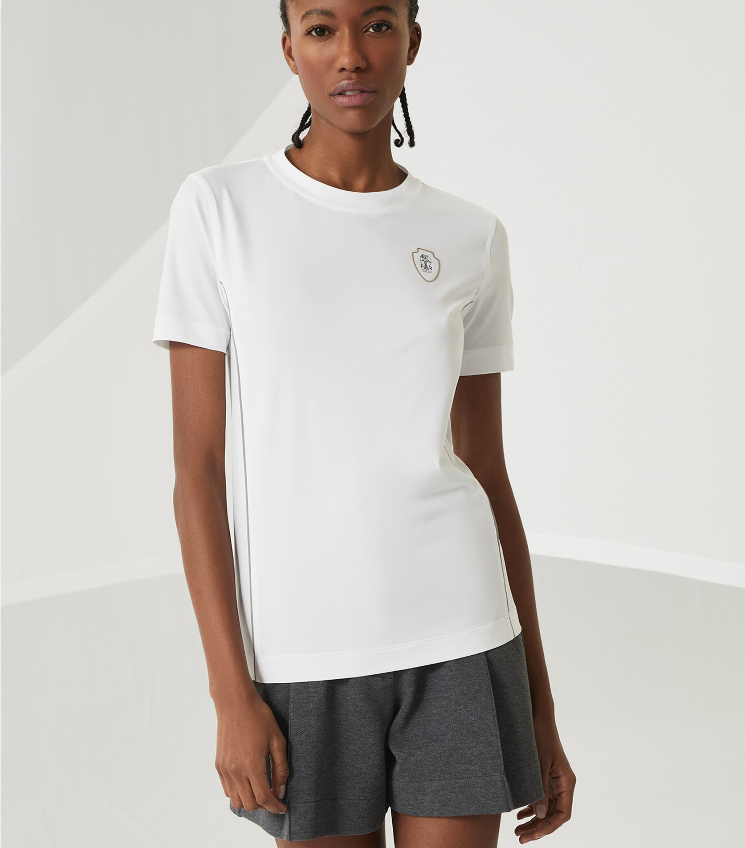 【★エレガント★】Brunello Cucinelli ☆ ルーシュTシャツ Brunello Cucinelli women's Cotton t-shirt with monil chain