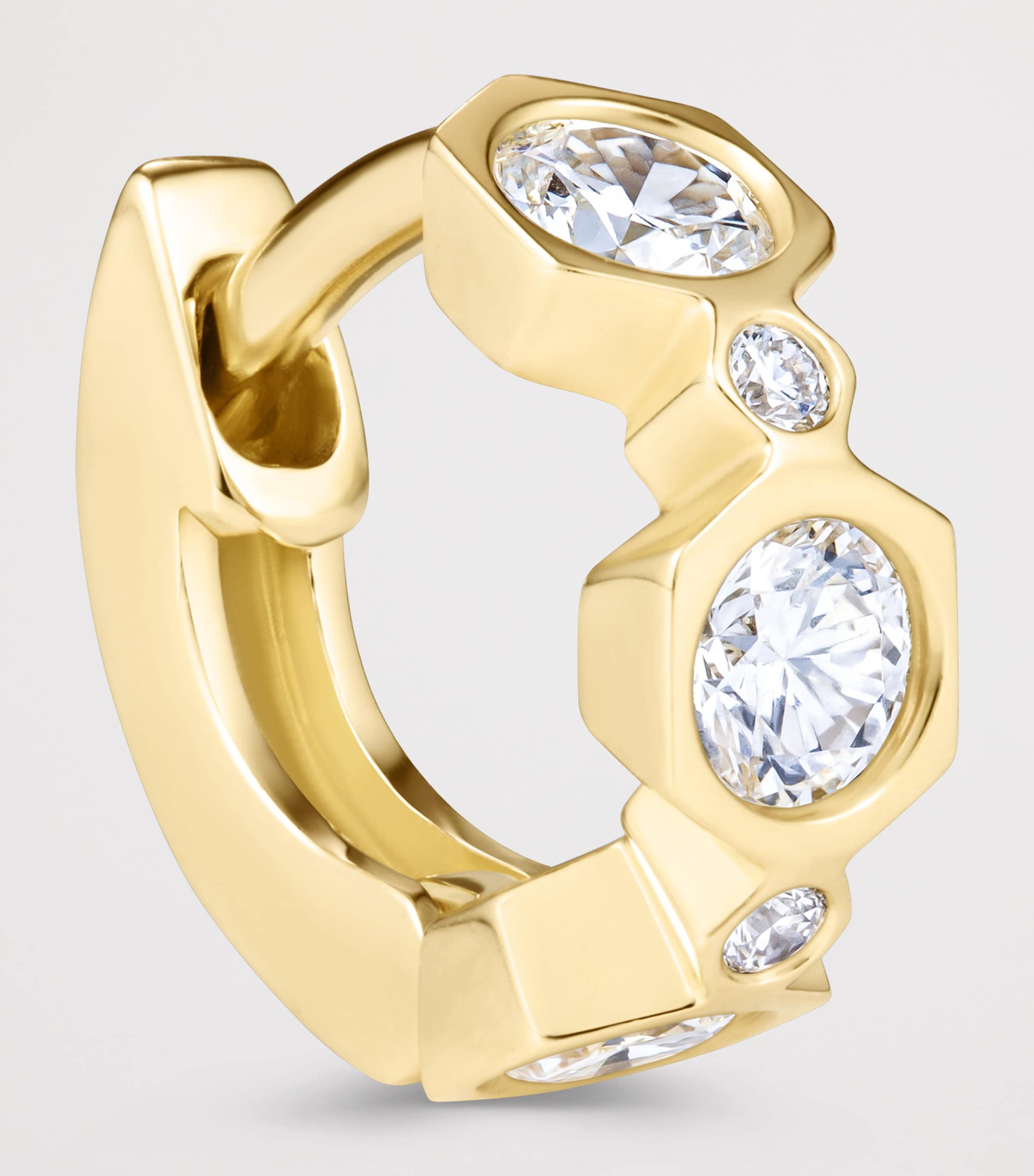 David Morris Small Yellow Gold and Diamond Triolette Hexagon Single Hoop Earring Clear Image 3