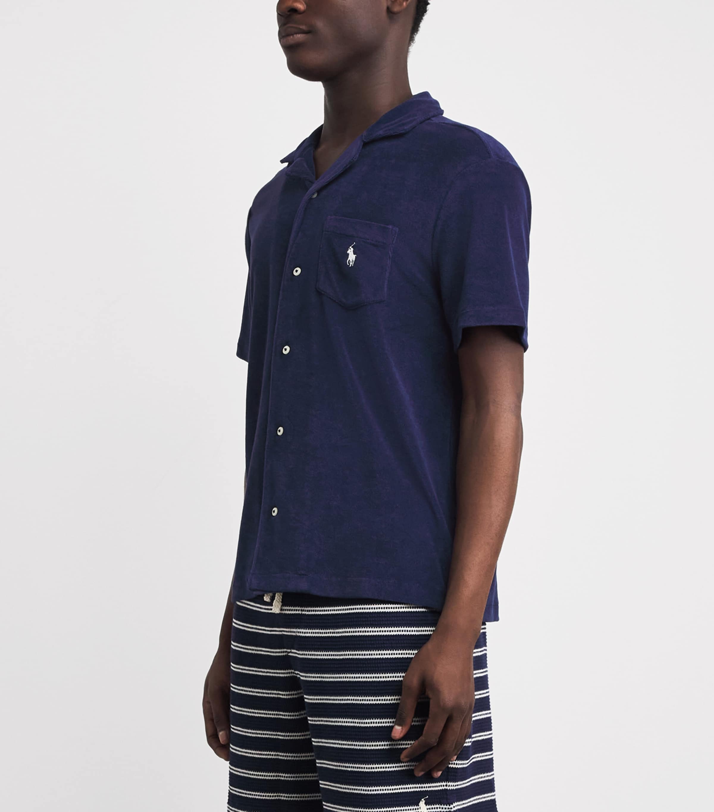Polo Ralph Lauren Mens Cotton-Blend Terry Short-Sleeve Slim Shirt Newport Navy Image 4
