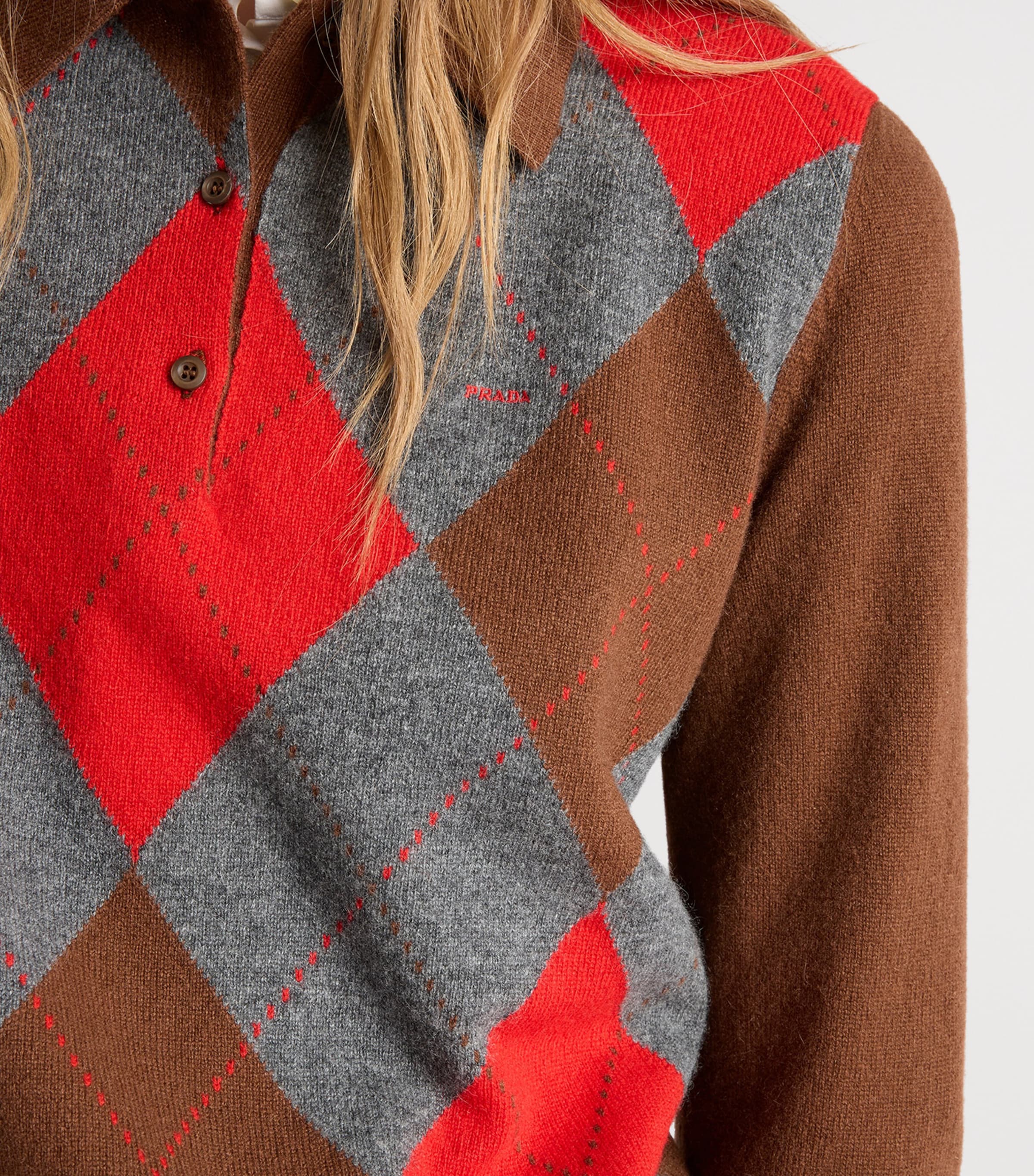 Prada Womens Cashmere Argyle Polo Sweater Brown Image 4