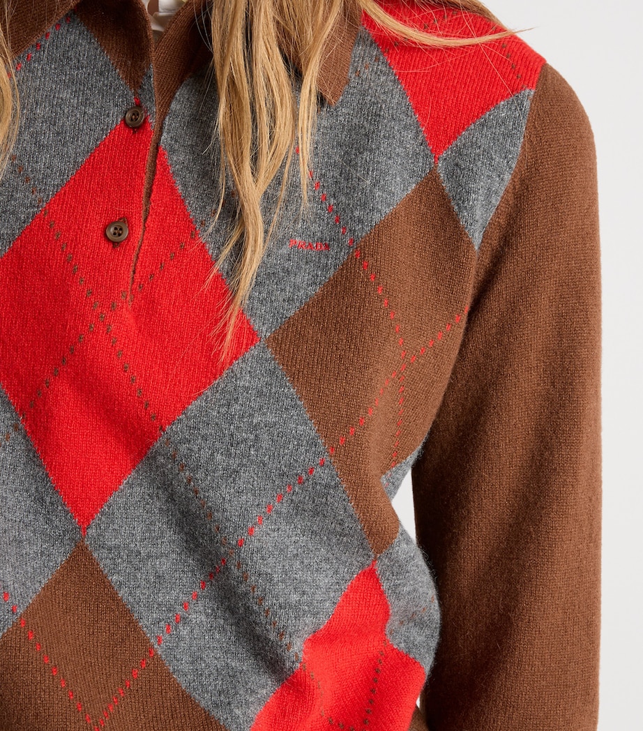 Prada Womens Cashmere Argyle Polo Sweater Brown Image 4