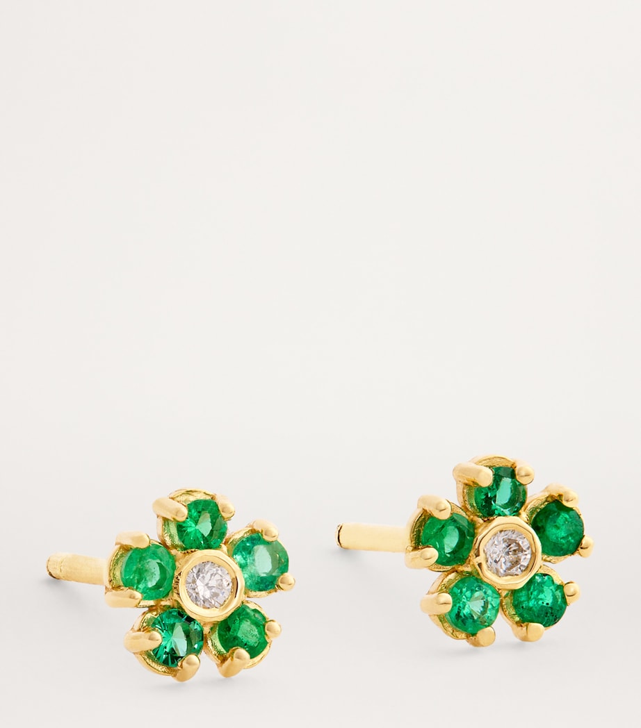 Mini Yellow Gold, Diamond and Emerald Edith Flower Earrings YELLOW GOLD Image 3